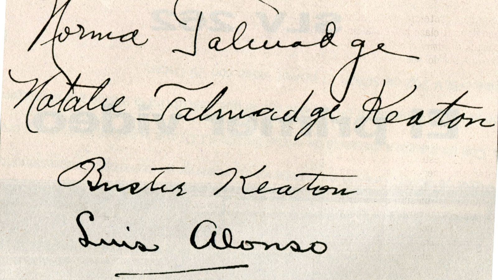 Las firmas de Buster Keaton, Luis Alonso y las hermanas Talmadge.