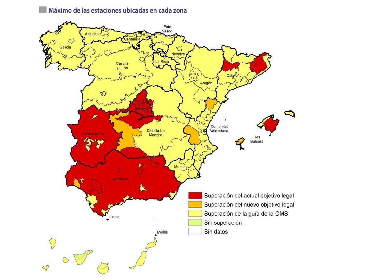 Zonas con alguna estación de control de calidad del aire que ha superado el valor objetivo para el ozono
