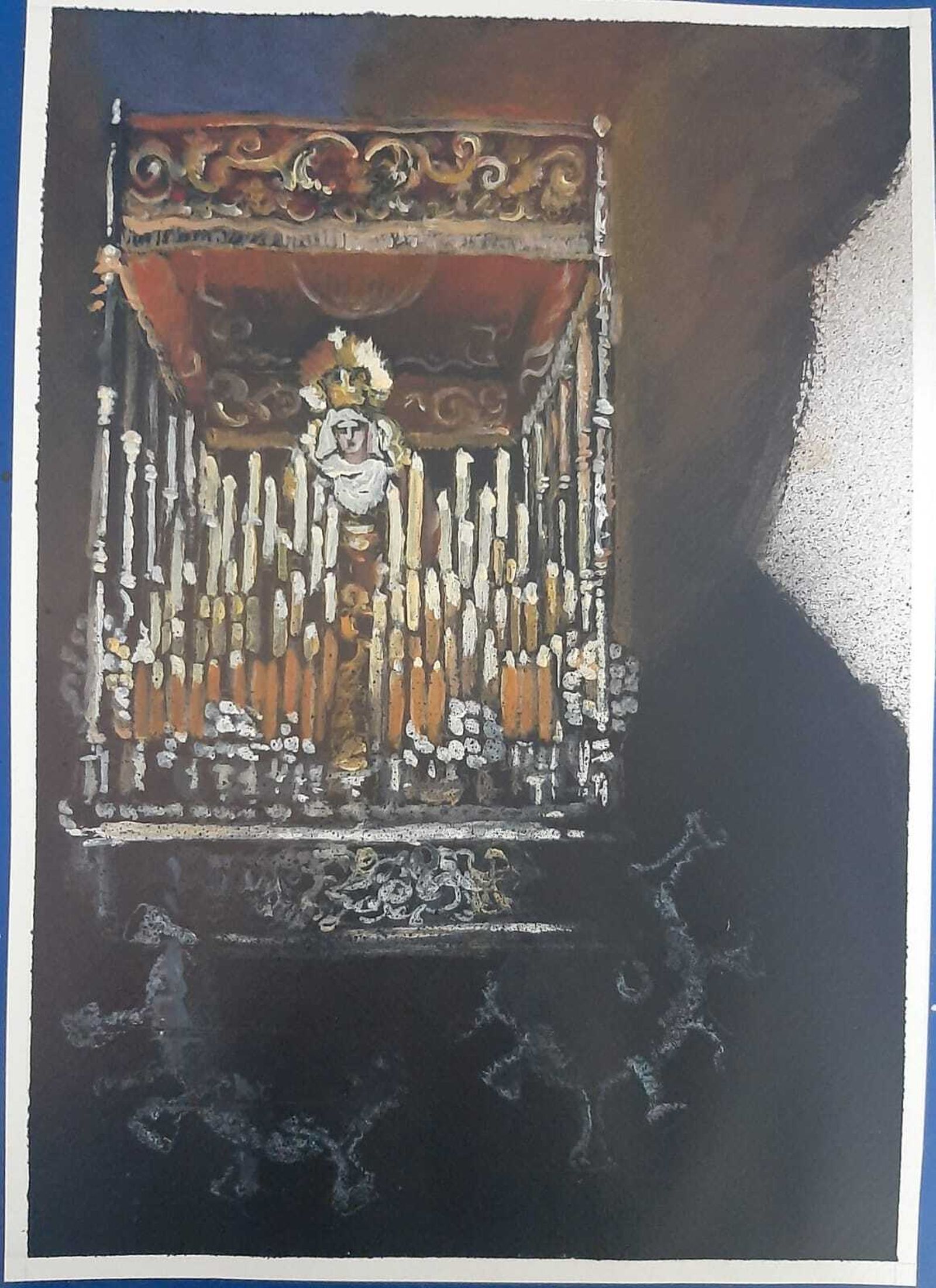 Pintura de Álvarez del Pino para ilustrar la papeleta de sitio de la extraordinaria de la Virgen de la Salud.