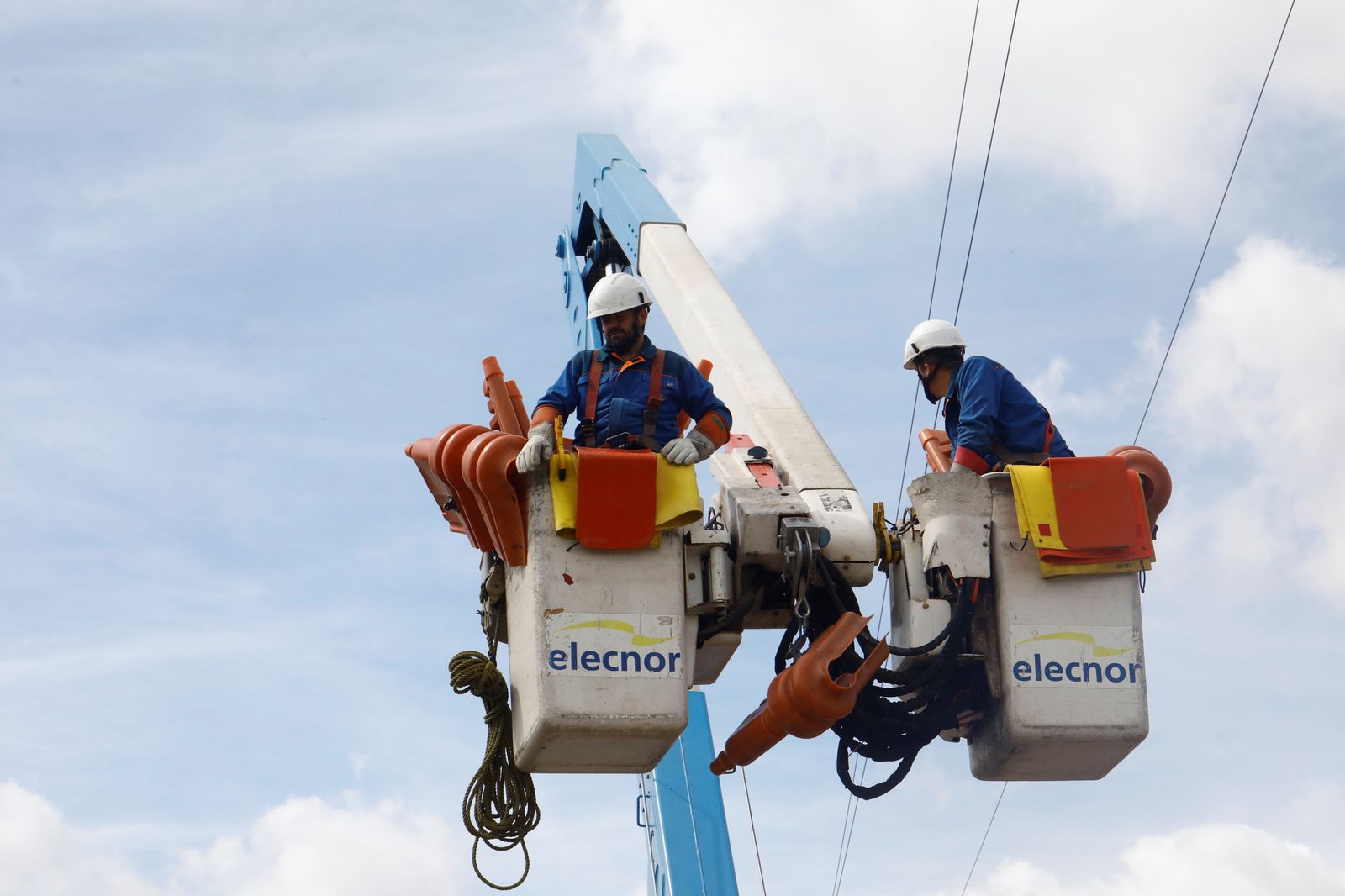 Los técnicos realizan labores de mantenimiento de nidos de cigüeña en Córdoba.