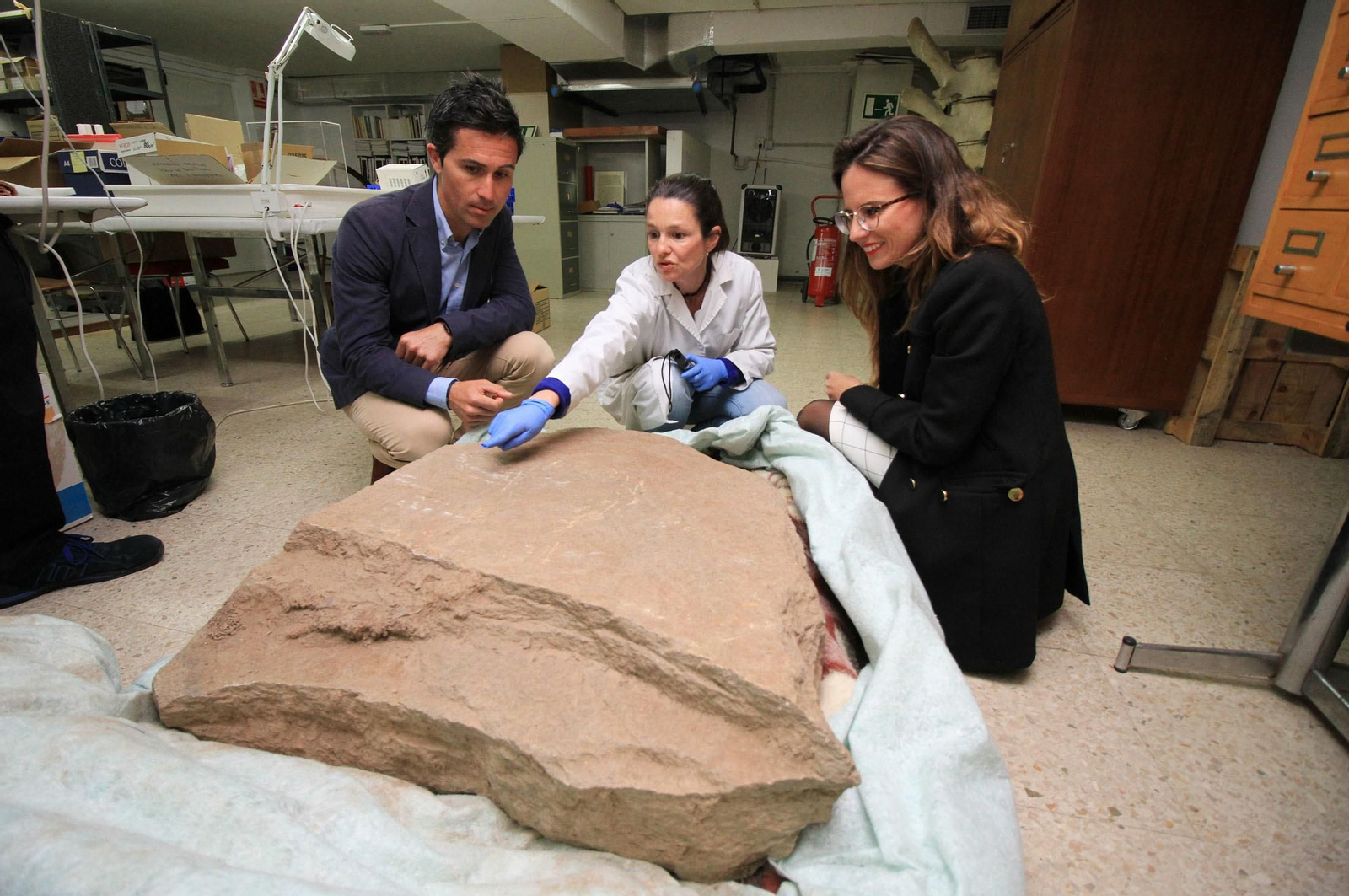 Imágenes de la llegada al museo de Huelva de la estela de cerca de 5.000 años de antigüedad hallada en Cañaveral de León