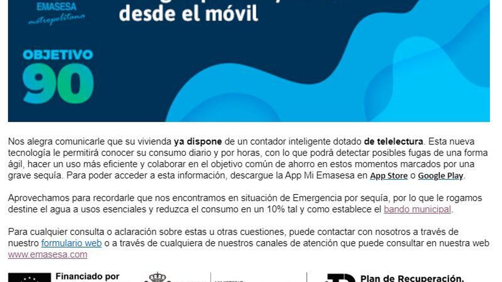 COMUNICACIÓN DIGITAL QUE RECIBEN LOS USUARIOS CON TELELECTURA PARA INFORMARLES DEL CAMBIO DE CONTADOR REALIZADO Y NUEVAS FUNCIONALIDADES
