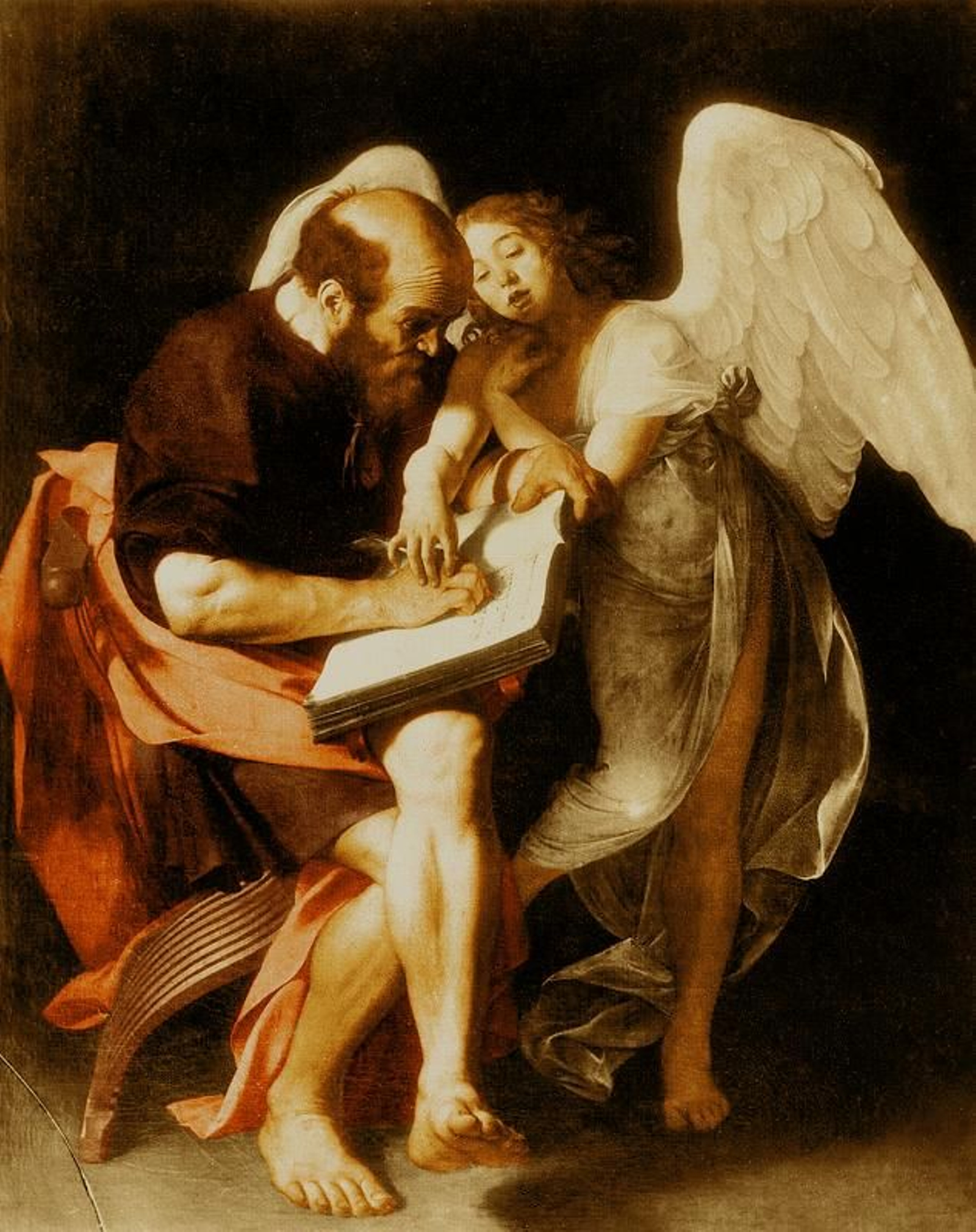 Detalle de la primera versión de 'San Mateo y el ángel' (1602) de Caravaggio.