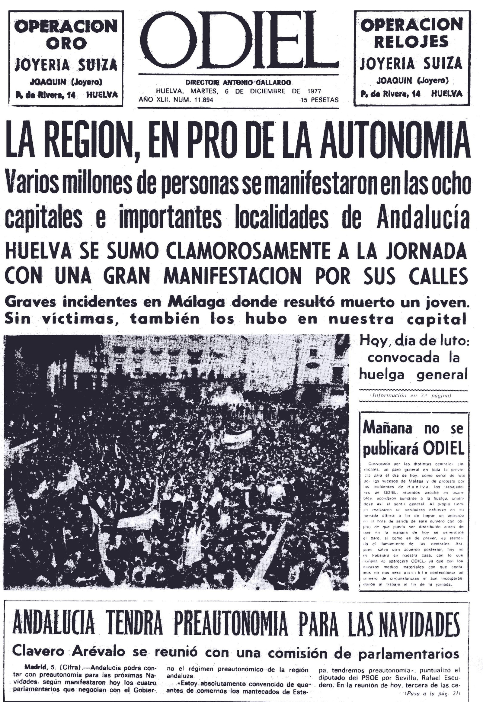 Portada del diario Odiel del martes 6 de diciembre de 1977