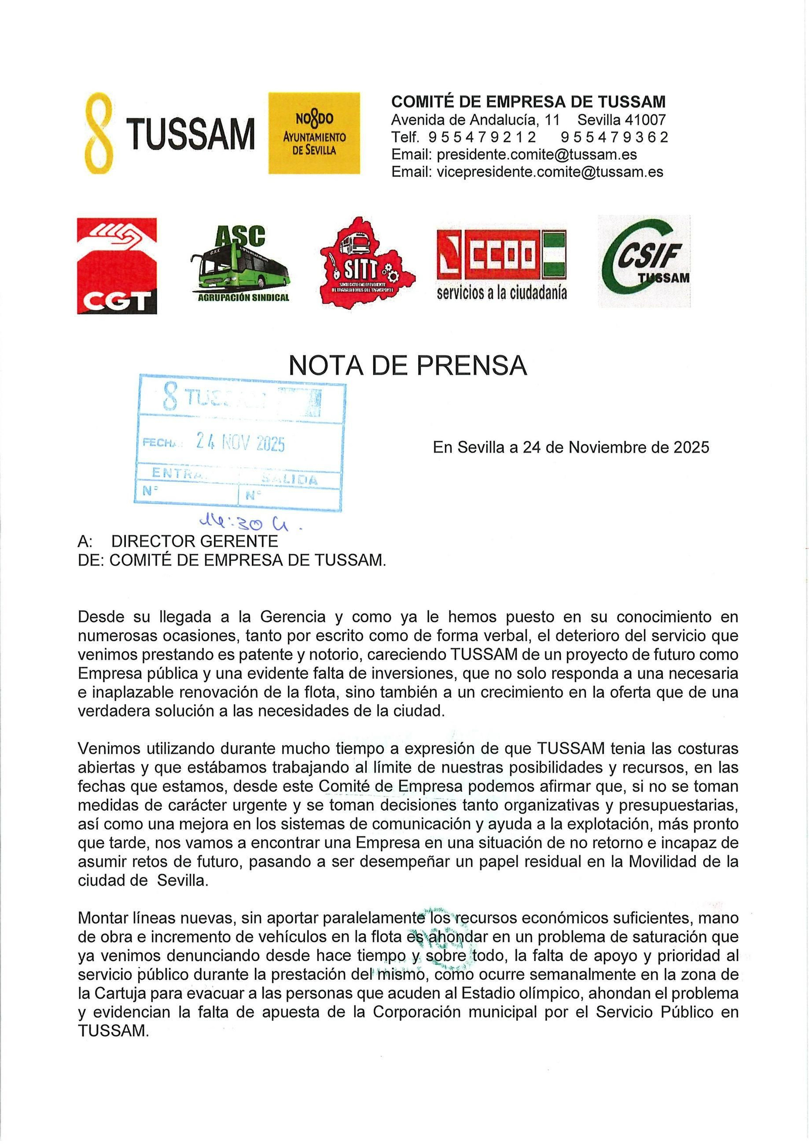 Primera página del escrito del comité de empresa de Tussam