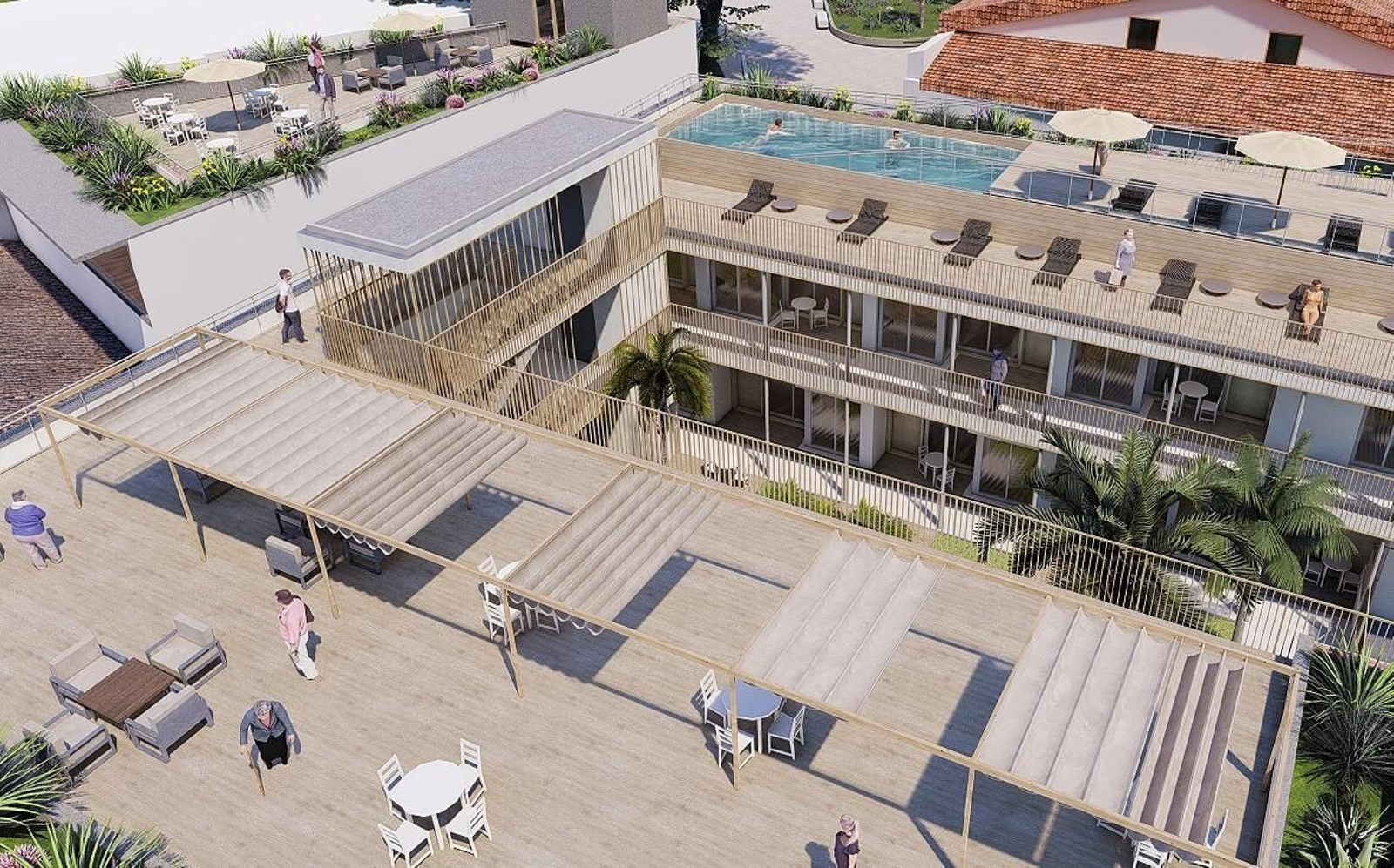 Boceto del edificio de apartamentos tutelados. Así será el futuro geriátrico en el antiguo hotel Palmera Plaza
