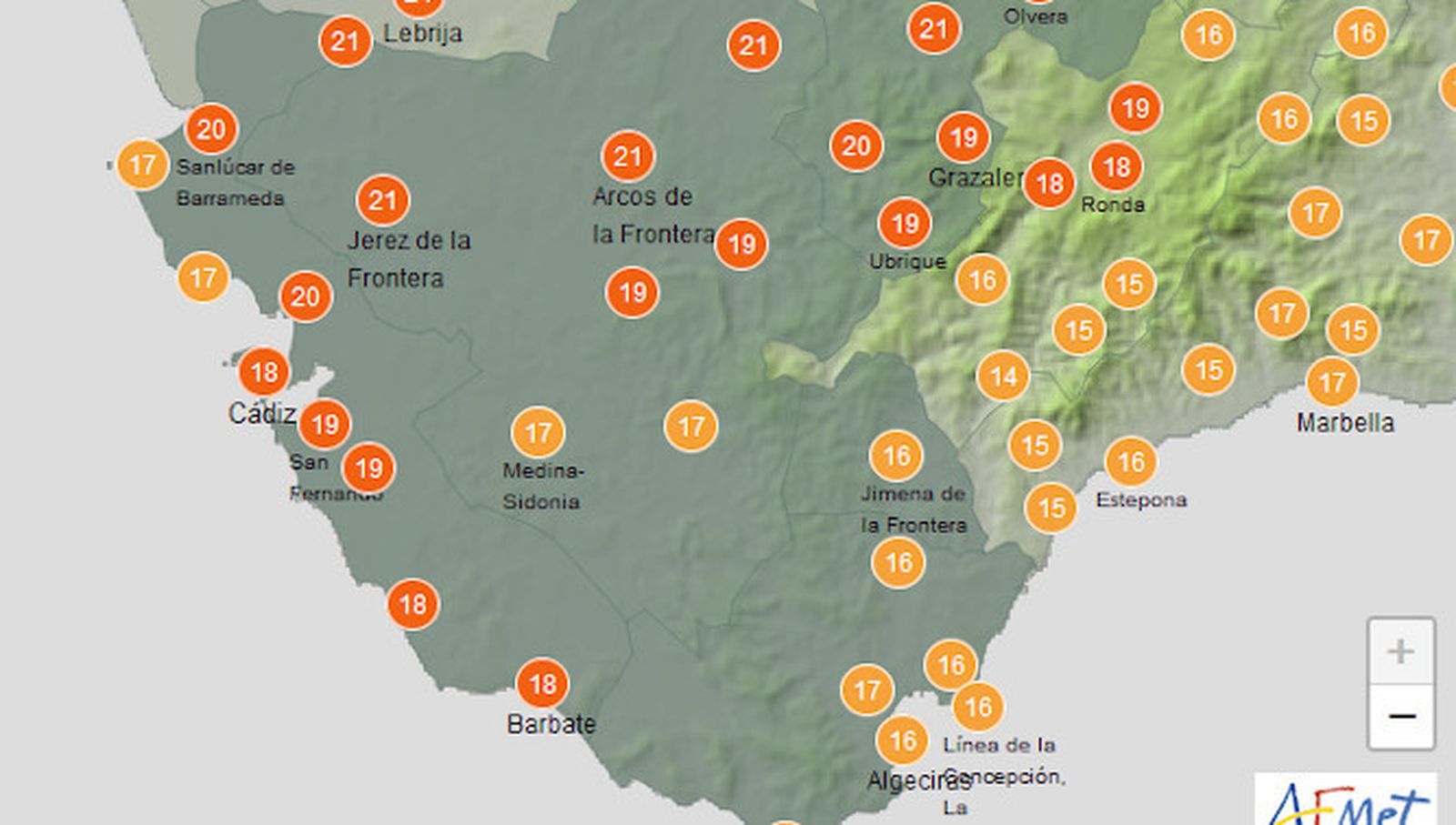 Máximas previstas este jueves en Cádiz.