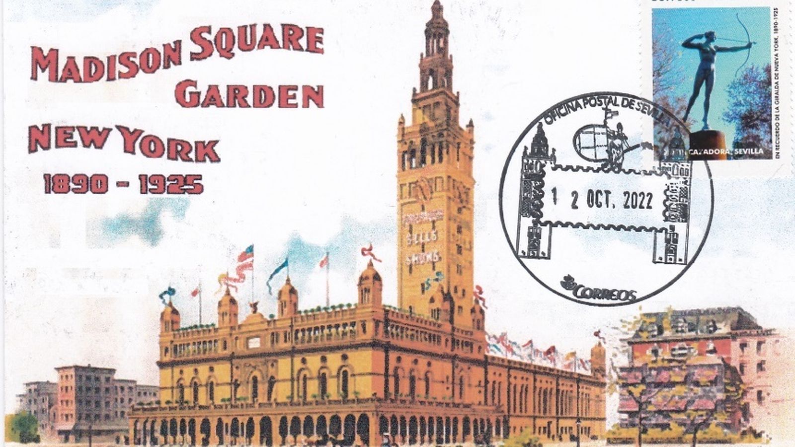 Sello que recoge la réplica de la Giralda en Madison Square Garden (Nueva York).