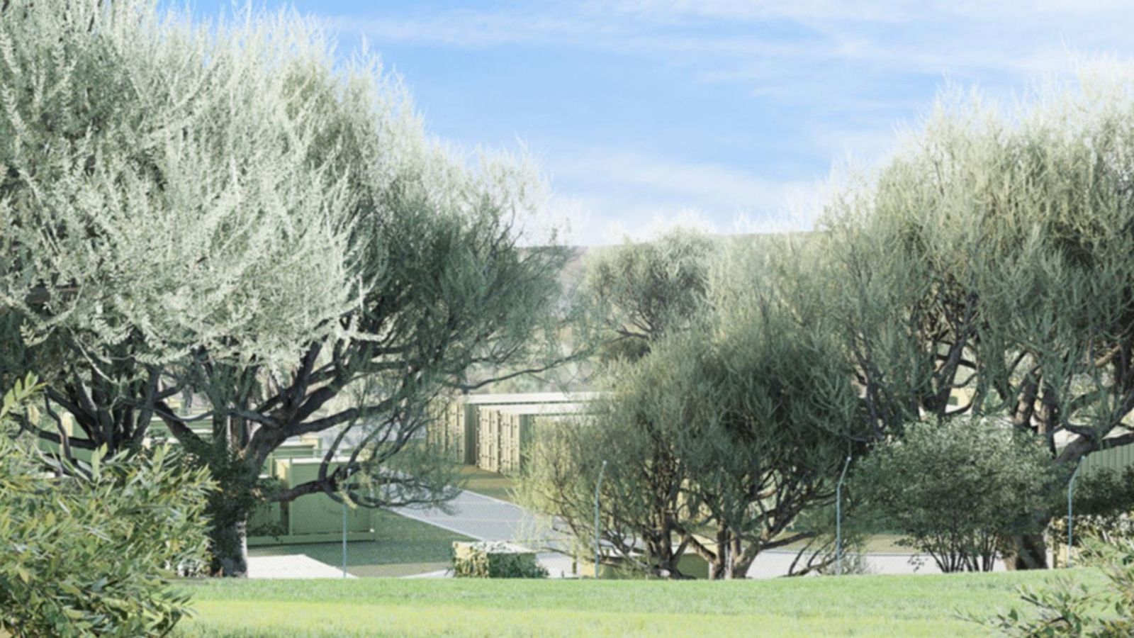 Recreación del parque de almacenamiento energético con la pantalla vegetal proyectada.