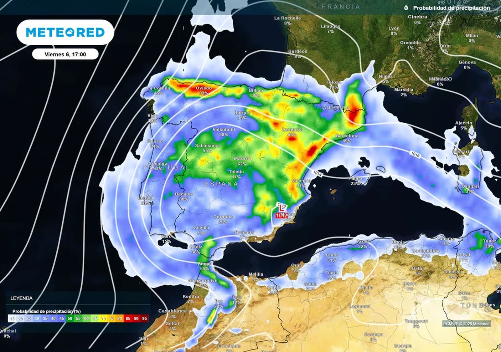Lluvias previstas en Cádiz para el viernes.