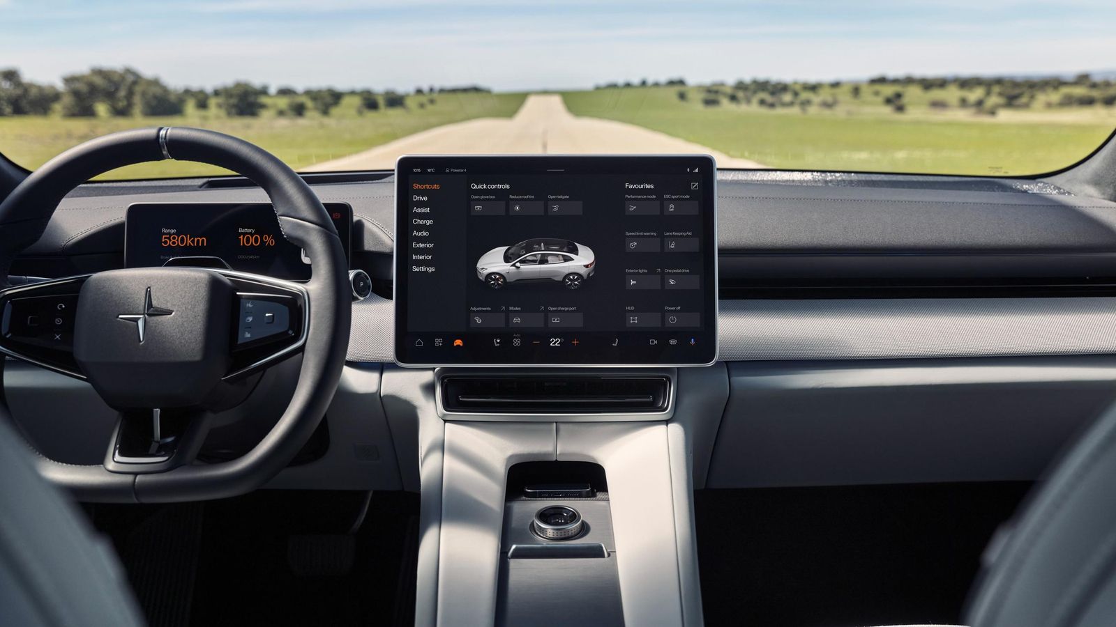El salpicadero es un ejemplo perfecto de minimalismo, sin prácticamente controles para las funciones que, en este Polestar, se integran entre la pantalla y los radios del volante. El salpicadero es un ejemplo perfecto de minimalismo, sin prácticamente controles para las funciones que, en este Polestar, se integran entre la pantalla y los radios del volante.