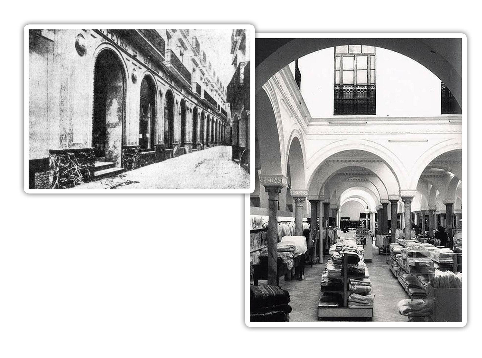 La fachada de Peyré principal (izq.); A la derecha, el almacén en sus tiempos de máximo esplendor