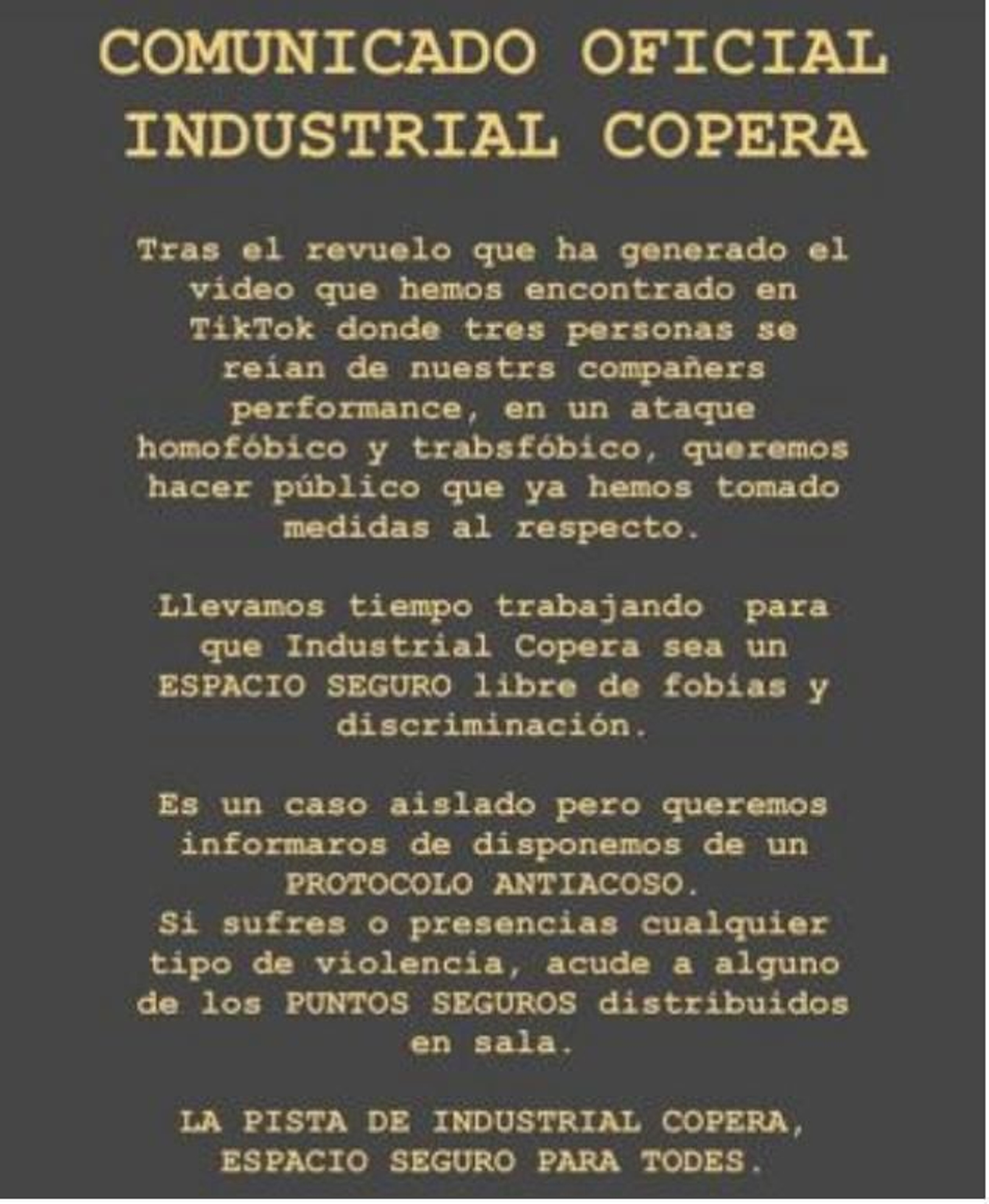 Comunicado oficial de la sala Industrial Copera en su cuenta de Instagram.