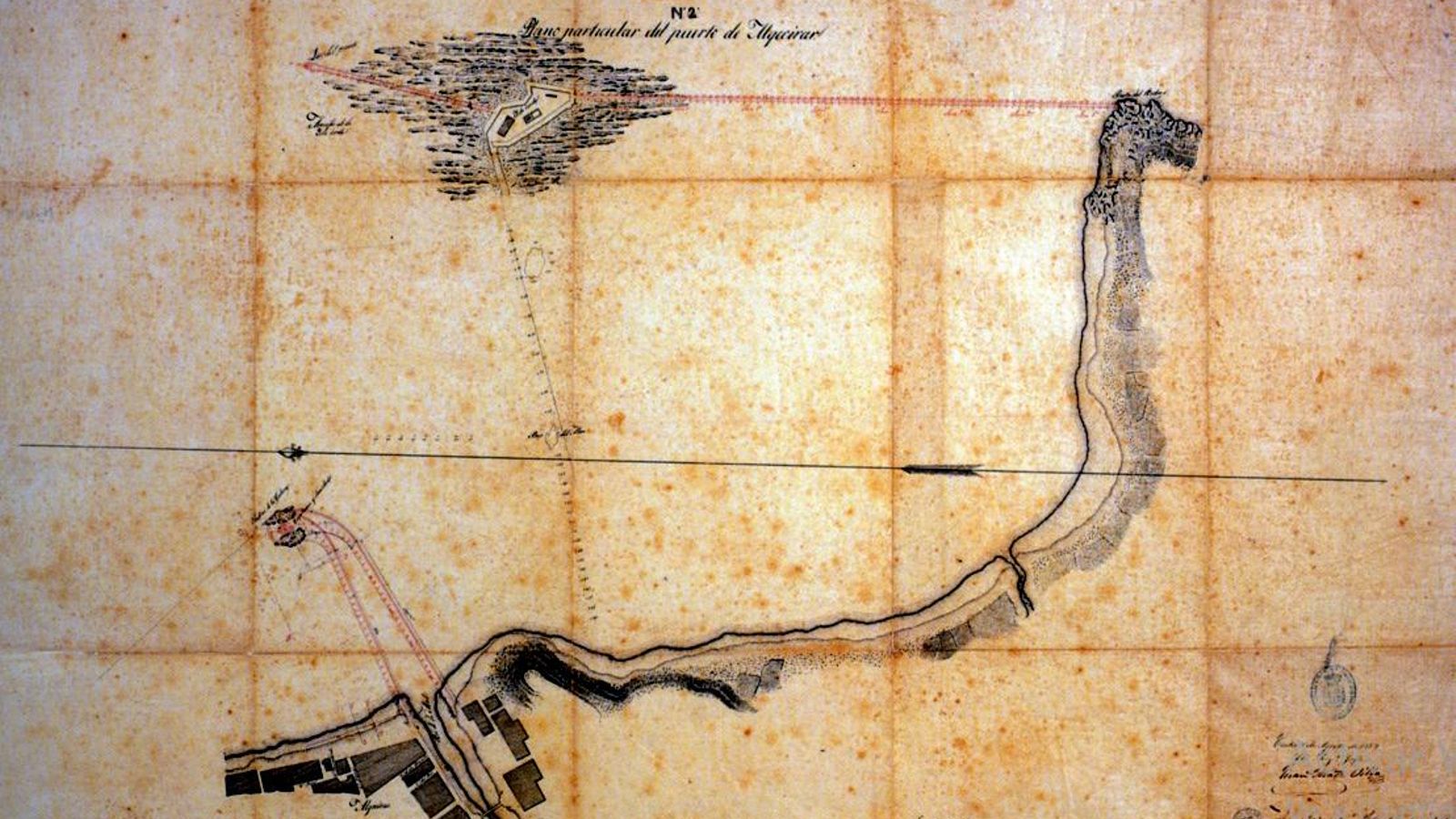 Plano con las obras a realizar en el proyecto de un Puerto para Algeciras del ingeniero J. Martínez Villa, nunca construido. 1859.