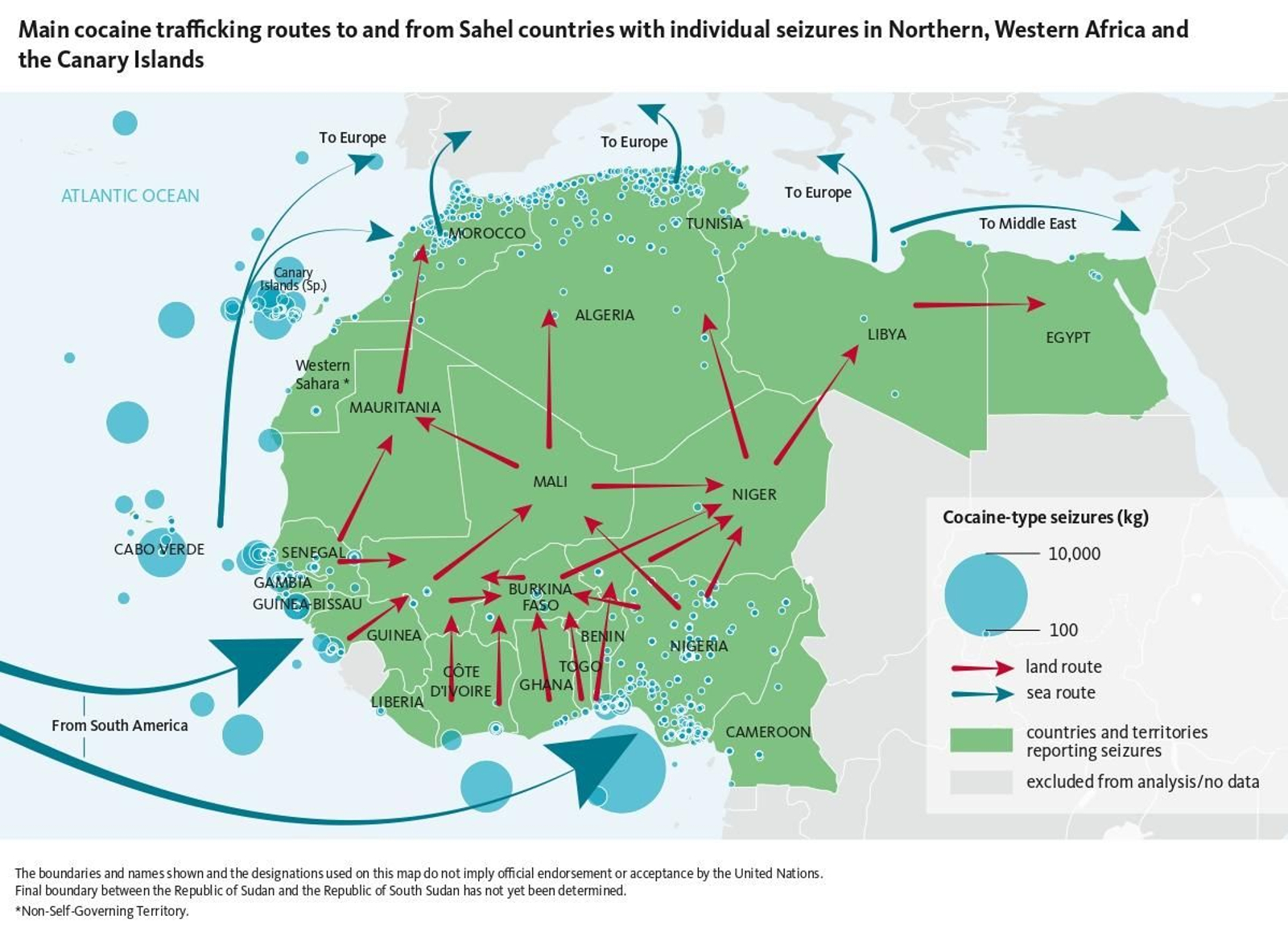 Principales rutas de tráfico de cocaína hacia y desde los países del Sahel, con incautaciones individuales en el norte y oeste de África y las Islas Canarias. Principales rutas de tráfico de cocaína hacia y desde los países del Sahel, con incautaciones individuales en el norte y oeste de África y las Islas Canarias.