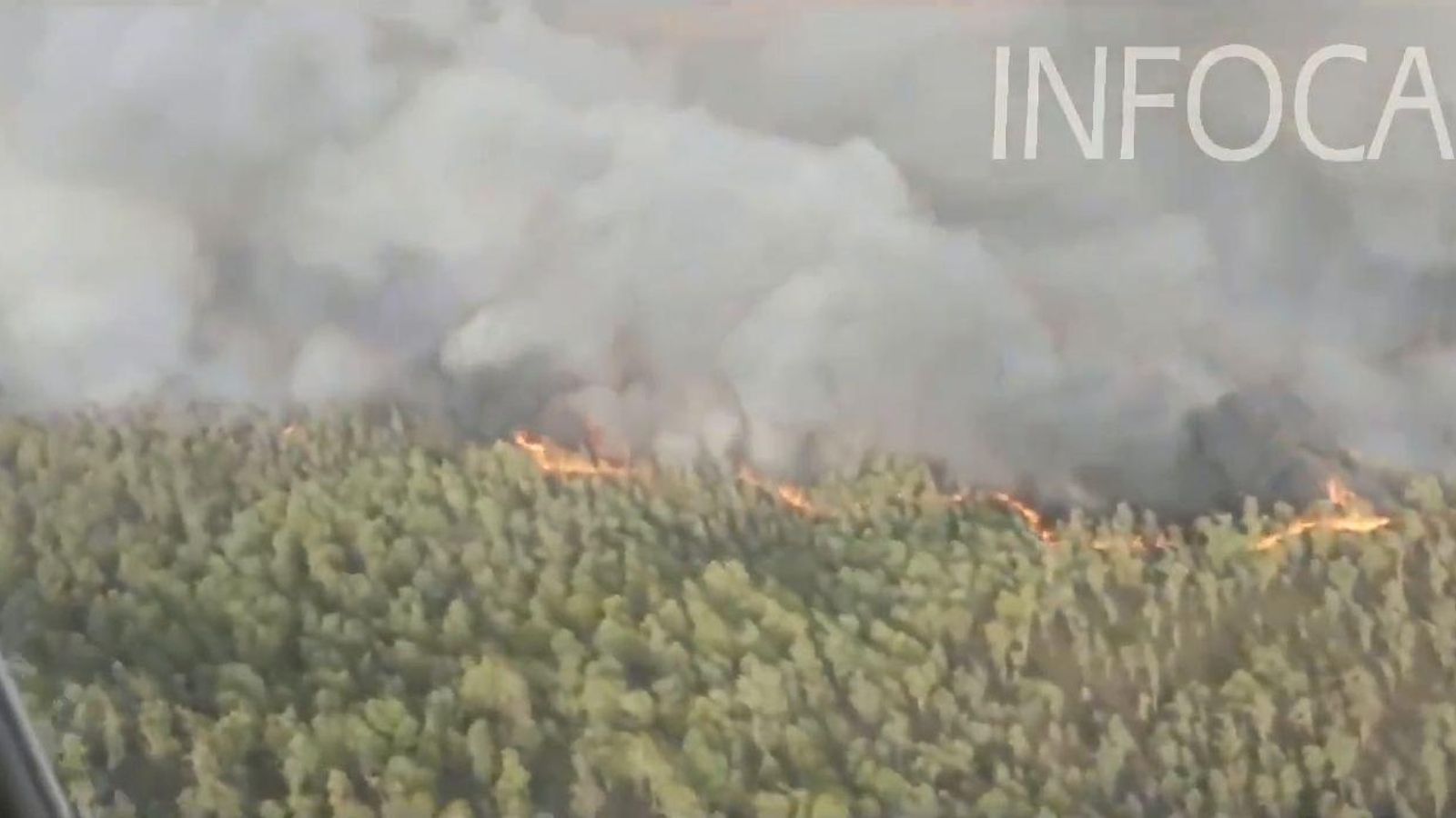 Imagen capturada de un video grabado por efectivos aéreos del Plan Infoca en el que se aprecia uno de los frentes en el fuego de Almonaster. Imagen capturada de un video grabado por efectivos aéreos del Plan Infoca en el que se aprecia uno de los frentes en el fuego de Almonaster.