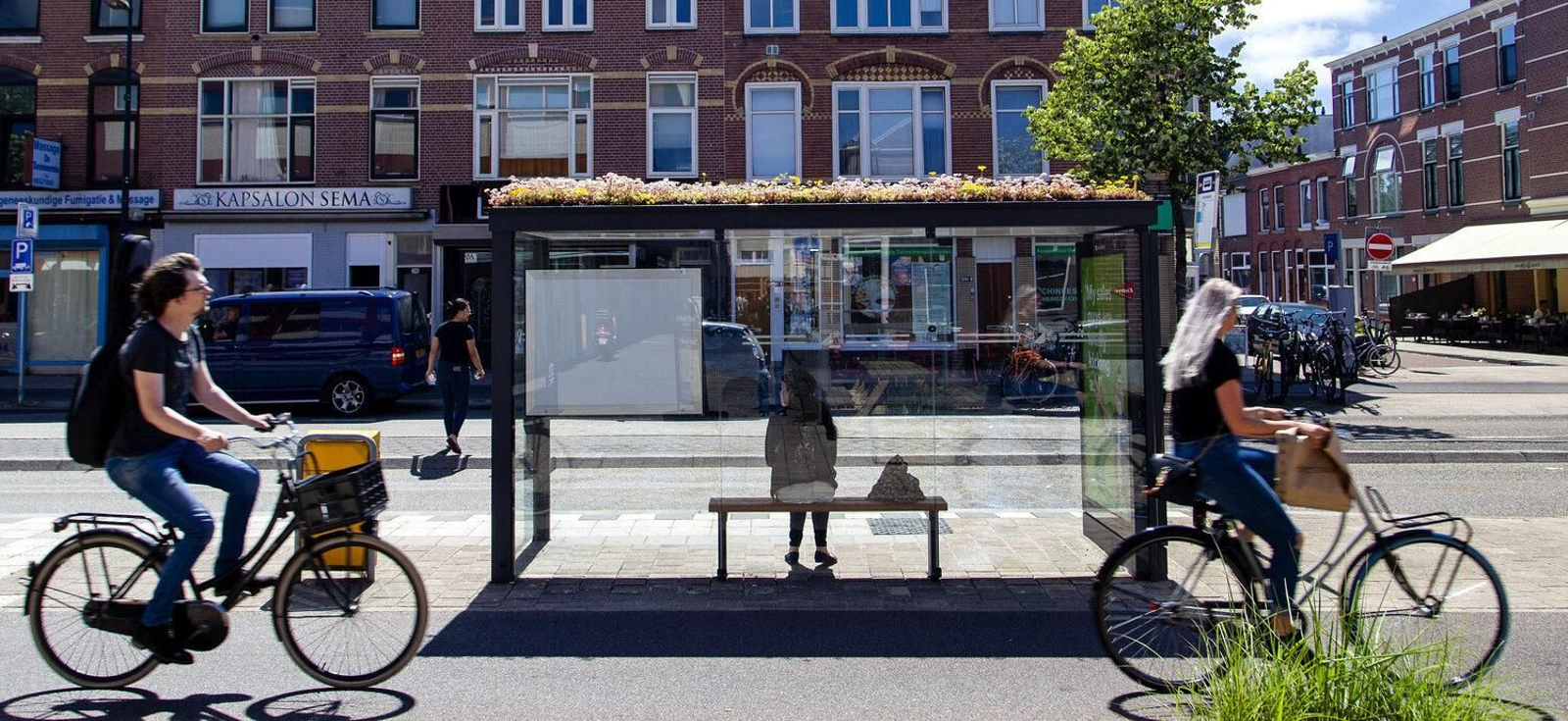 Parada de autobús con techo verde en esta imagen difundida por Ecoideas de la ciudad holandesa de Utrecht.