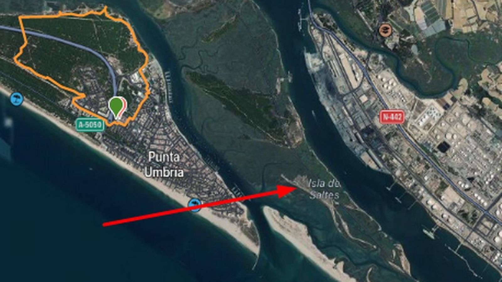 Ubicación de la Isla de Saltés y la ruta señalada que hicimos