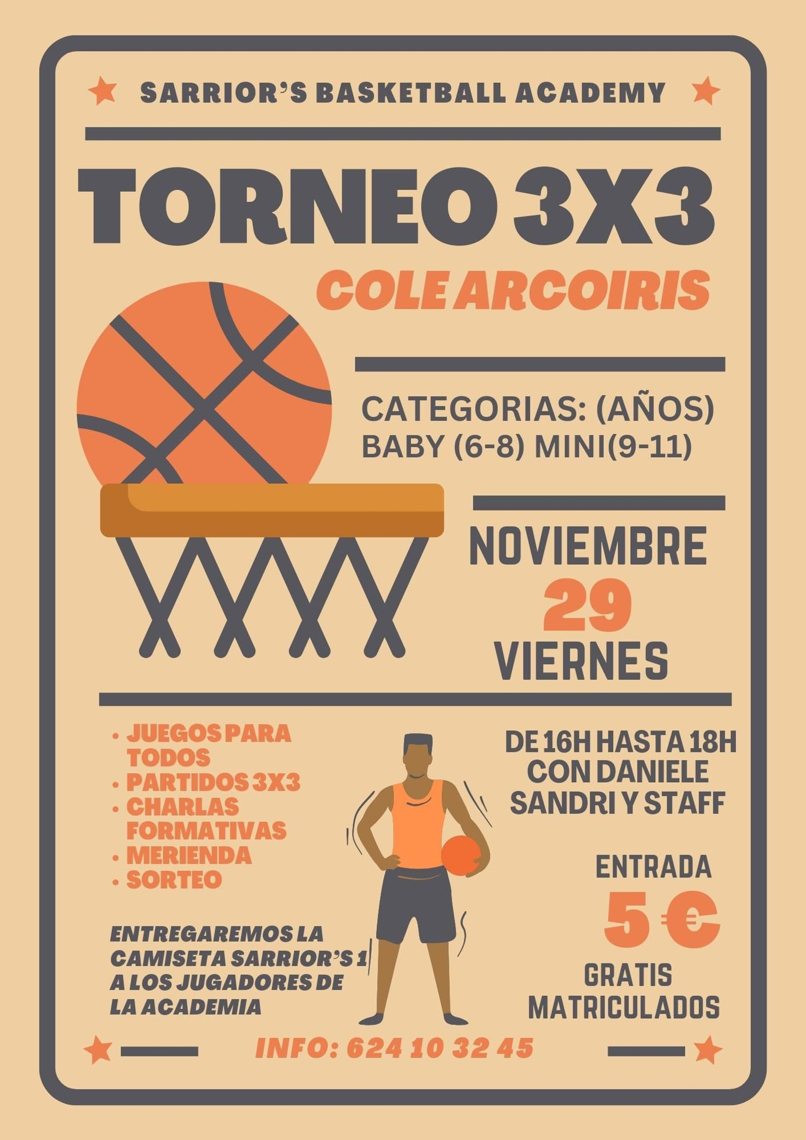 Cartel del torneo de baloncesto 3x3 organizado por Sarrior's Basketball Academy.