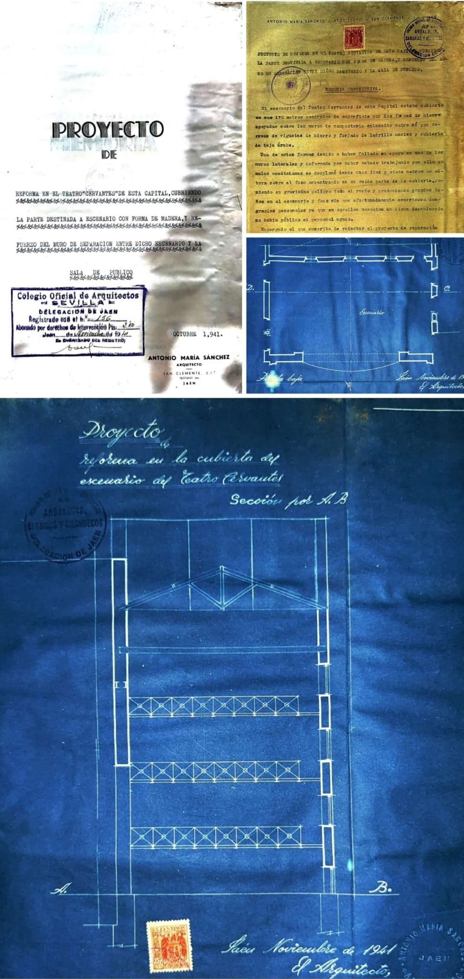 Detalle y planos de la reforma estructural de la cubierta escénica.Teatro Cervantes, 1941. Arquitecto A.M. Sánchez.