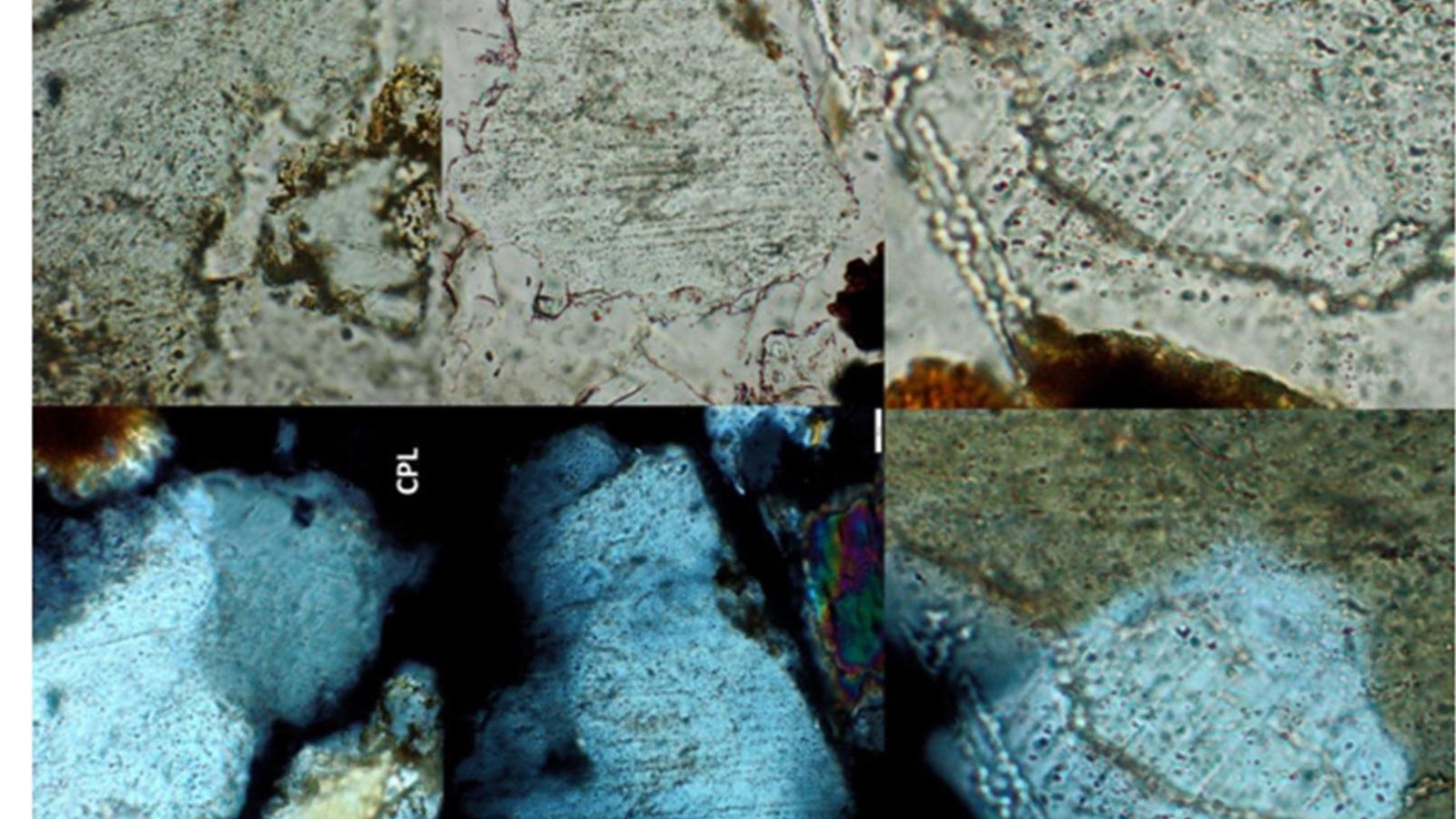 Secciones delgadas que muestran deformaciones en tres granos de cuarzo, producidas por efectos de choque, en una brecha de impacto en Tabernas.