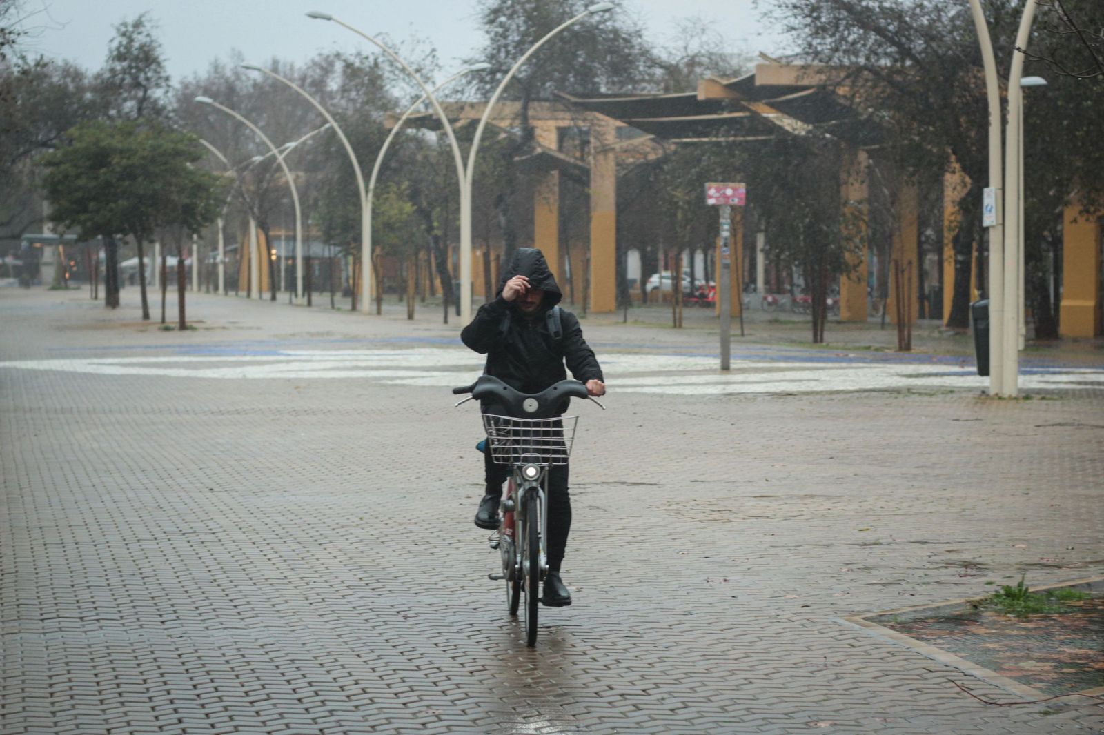 Un ciclista se protege de la lluvia con una capucha a su paso por la Alameda de Hércules.