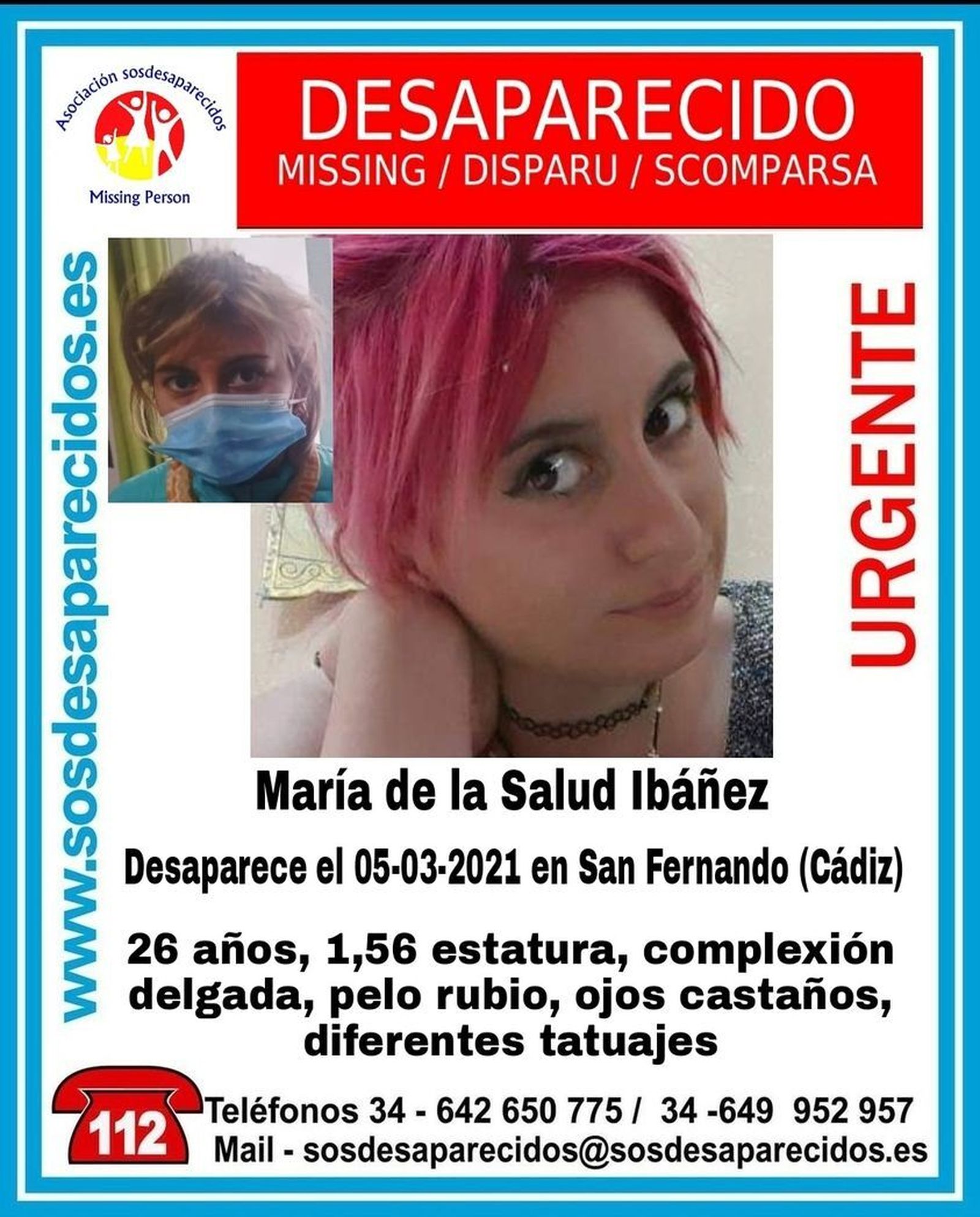 Aspecto de la joven desaparecida facilitado por SOS Desaparecidos.