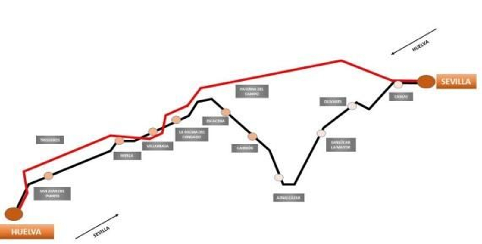 La propuesta de trazado de AVE entre Sevilla y Huelva que más convence al Gobierno según el estudio informativo.