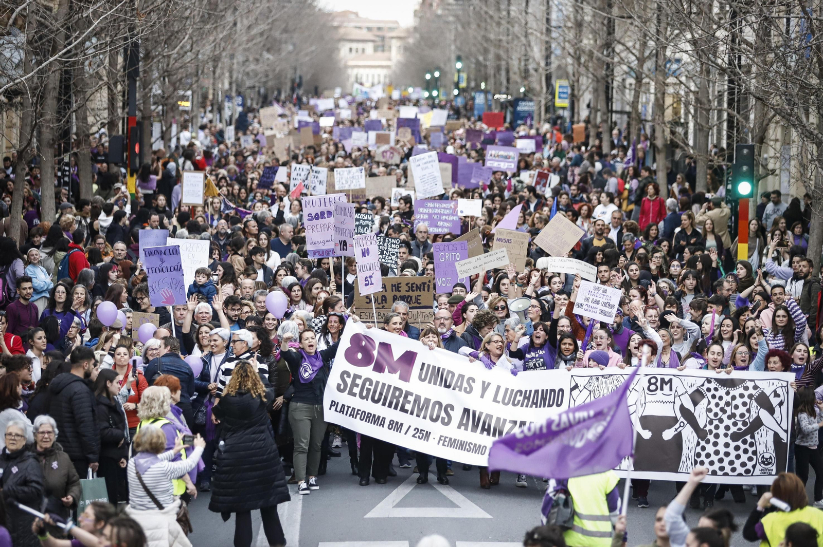 Una ola morada inunda la avenida principal de Granada en el Día de la Mujer