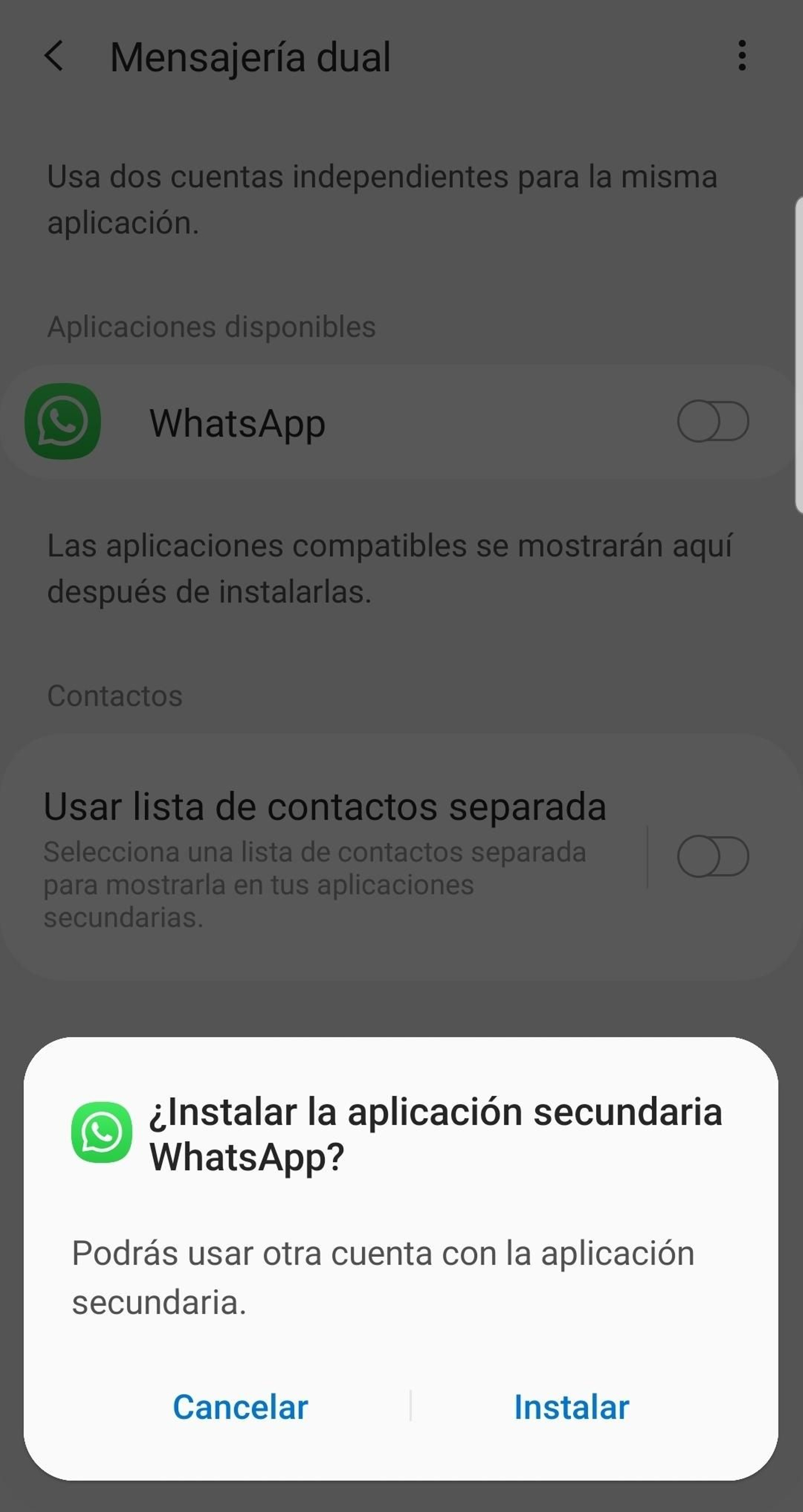 Momento en el que te preguntan si quieres instalar doble WhatsApp