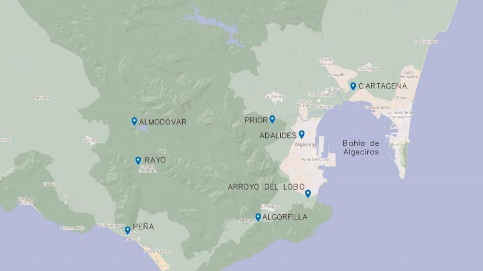 Mapa de las torres medievales conservadas en el Campo de Gibraltar.
