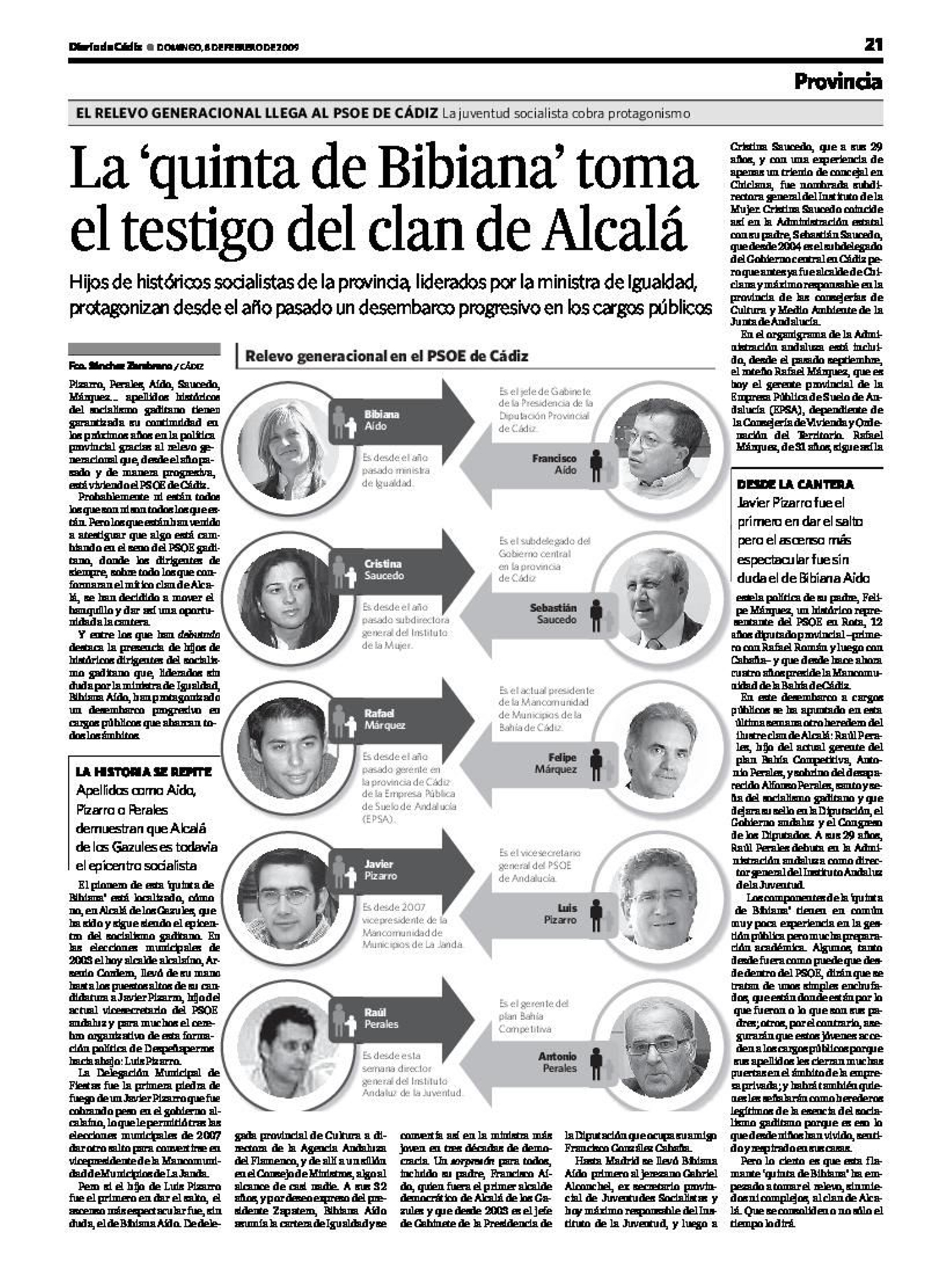Página publicada por 'Diario de Cádiz' el 8 de febrero de 2009, con el relevo generacional que se iniciaba ya en el PSOE gaditano.
