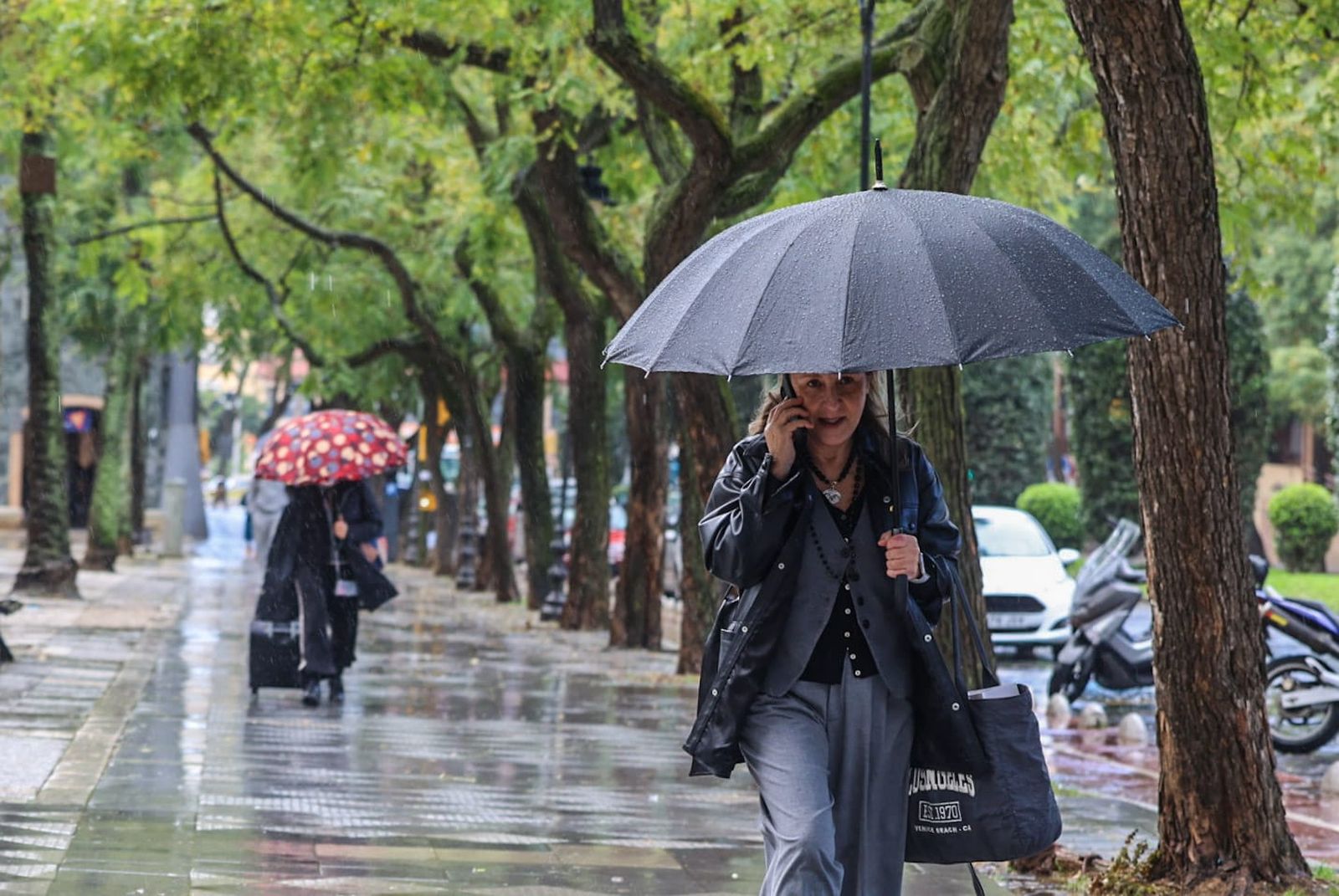 Una mujer se protege de la lluvia con su paraguas este lunes en Huelva.