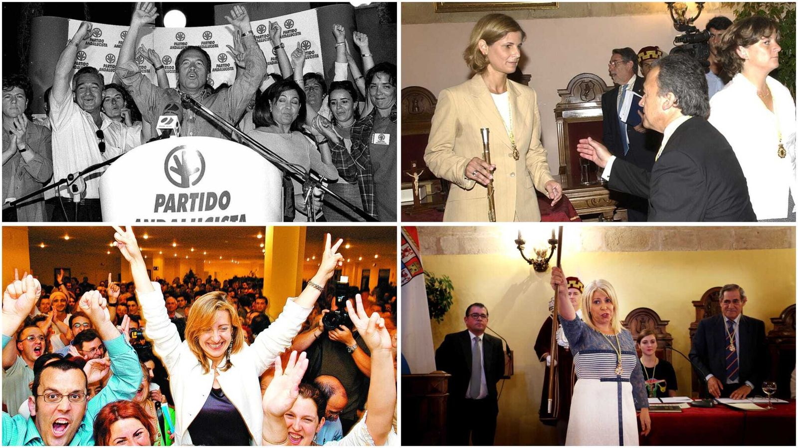 Pedro Pacheco y Pilar Sánchez, tras ganar las elecciones en 1999 y en 2003; respectivamente; María José García-Pelayo, toma posesión en 2003; y Mamen Sánchez, en su toma de posesión como alcaldesa en 2015.