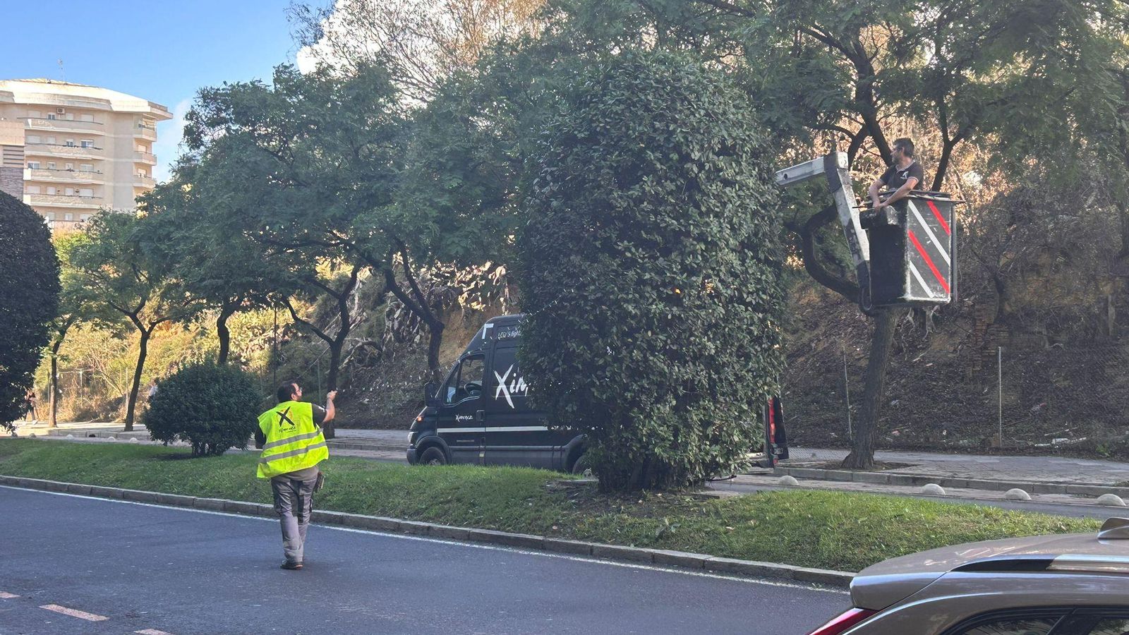 Montaje de las luces en la calle San Sebastián el pasado viernes.
