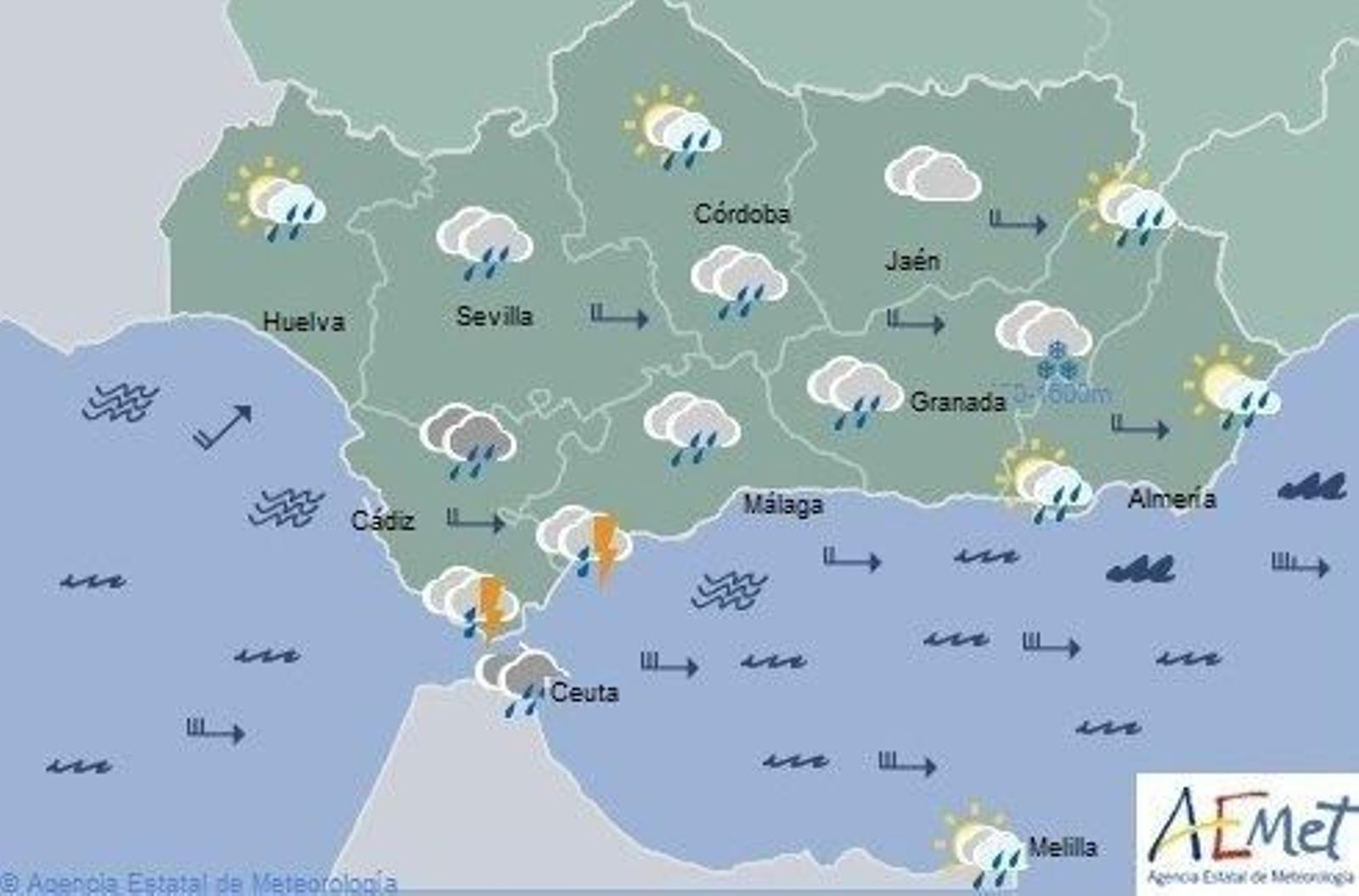 Previsión de lluvias de Aemet a partir de las 12:00 horas.