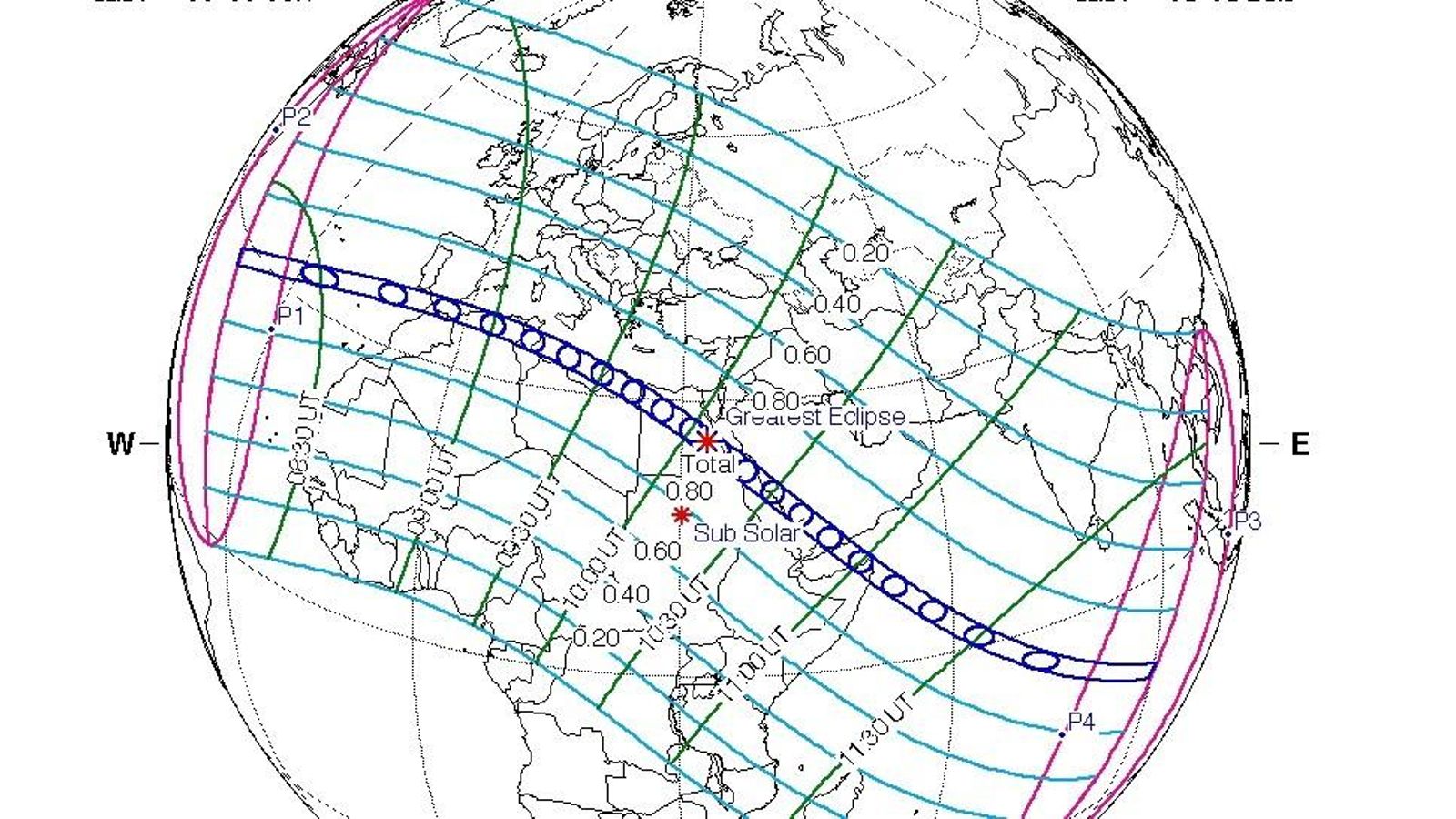 Trayectoria del eclipse según cálculo de la NASA: