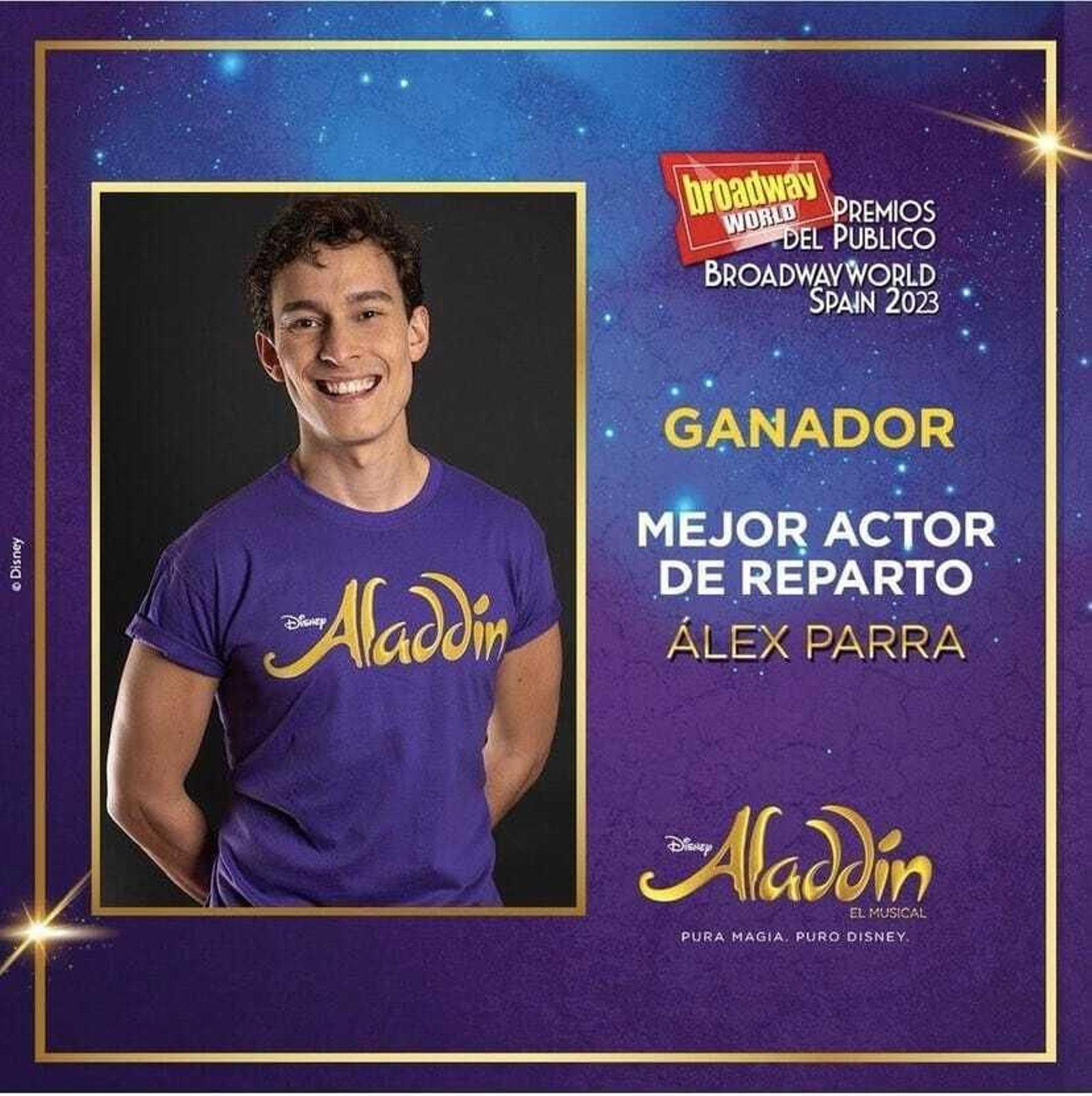 El actor portuense Alex Parra, elegido mejor actor de reparto por el musical Aladdin.