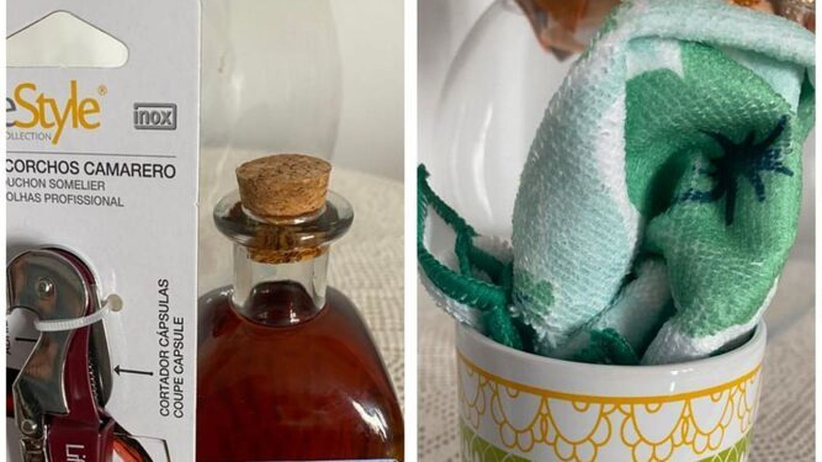 El licor y la taza con una bayeta que regaló el Ayuntamiento de Albondón a sus mayores.