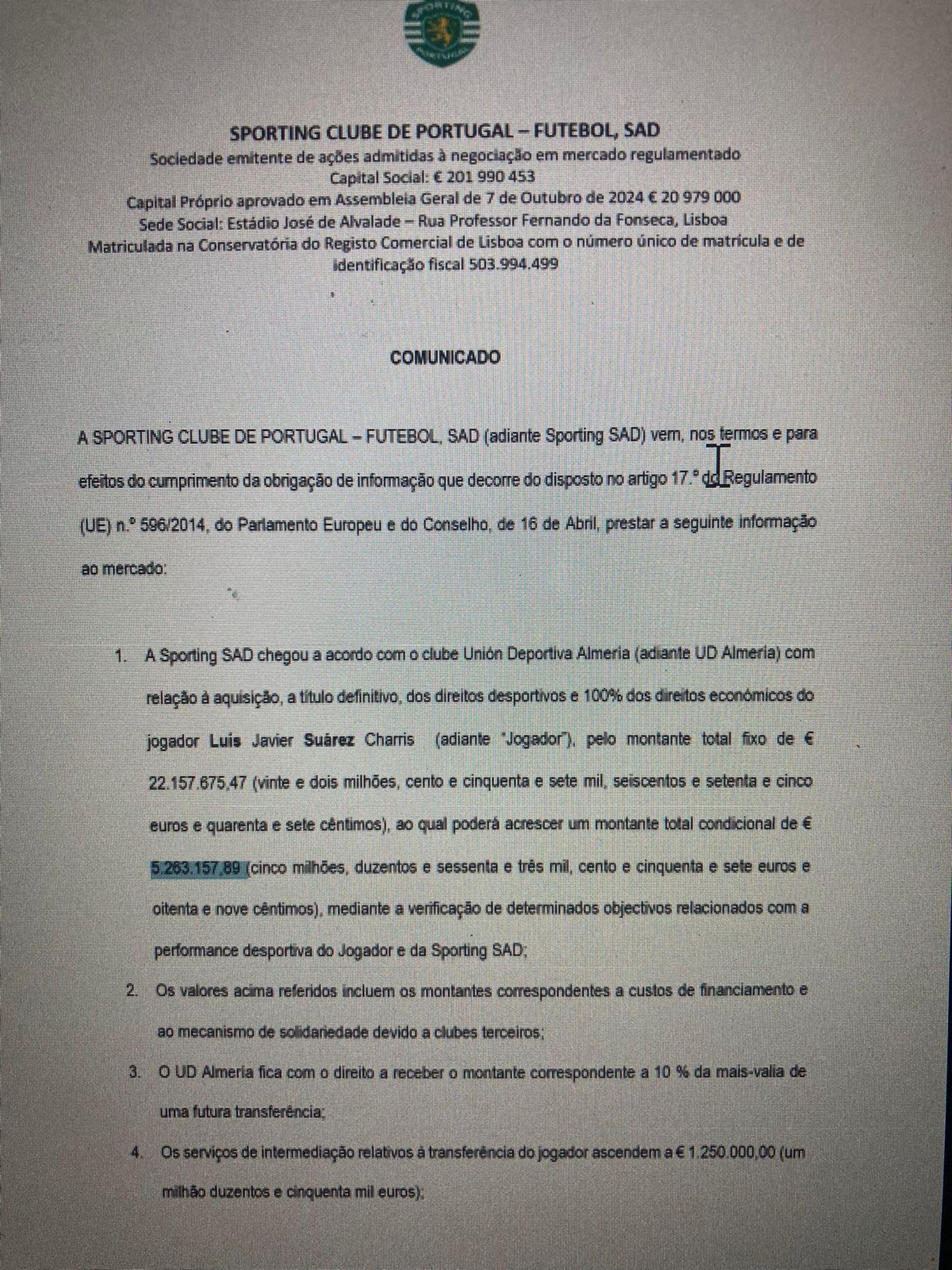 Detalle del comunicado del Sporting anunciando las cantidades reales de la operación