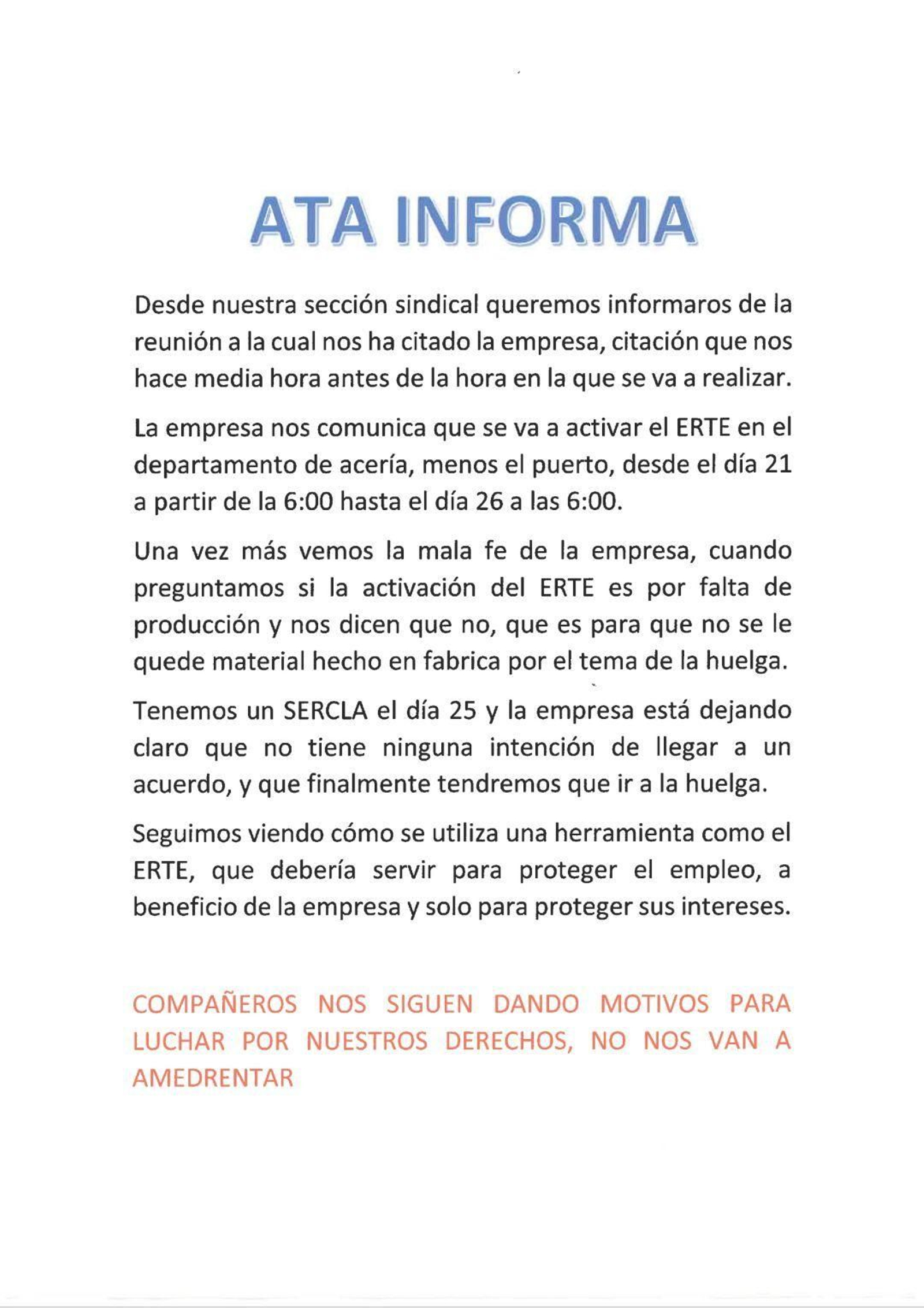 El comunicado interno del sindicato ATA.