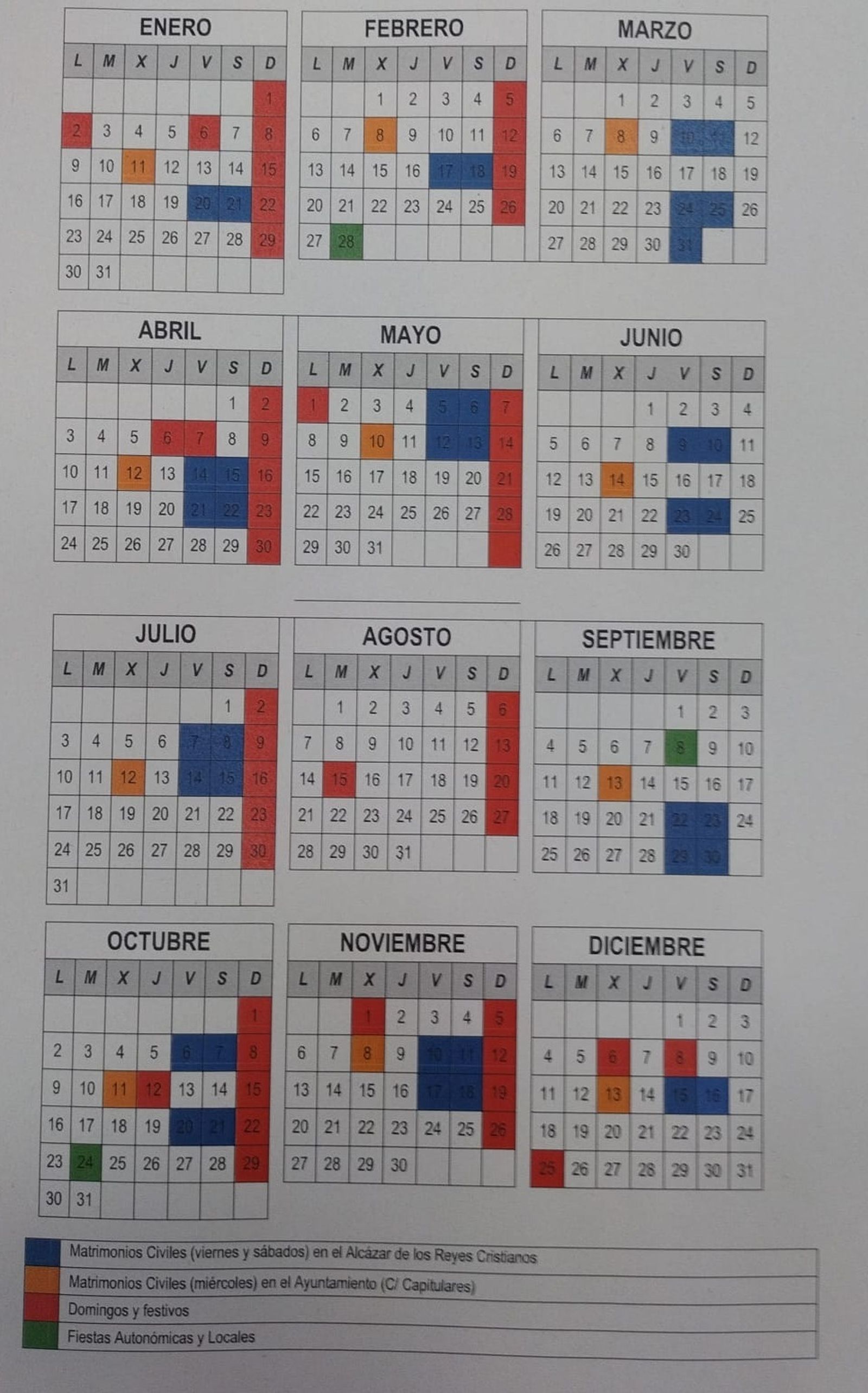 Calendario de matrimonios civiles en el Ayuntamiento de Córdoba.