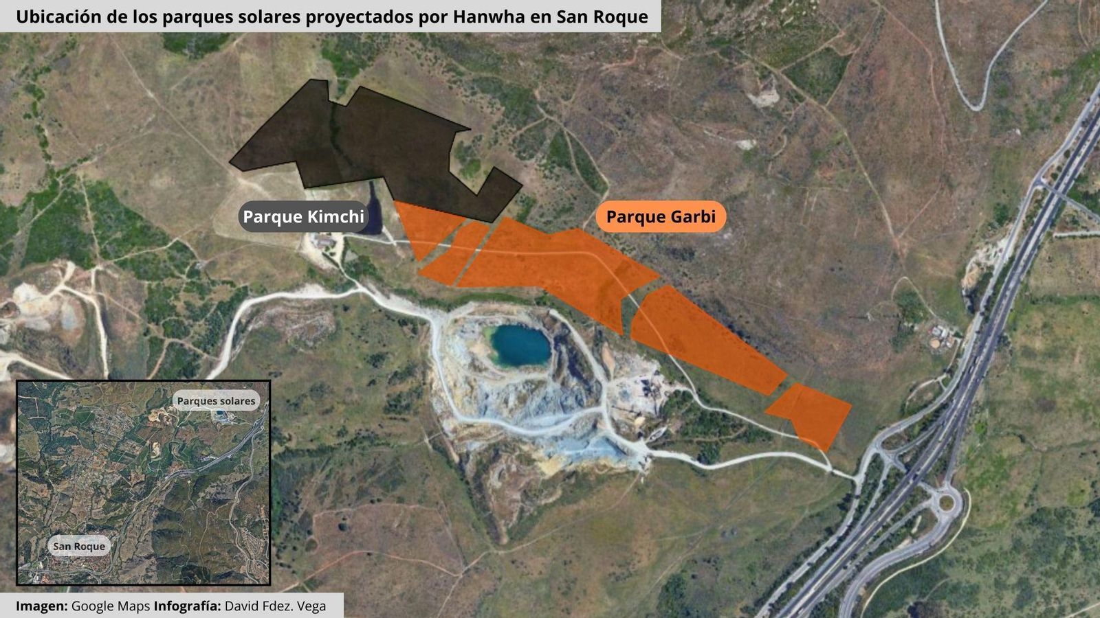 Ubicación de los dos parques solares de Hanwha en San Roque autorizados por la Junta de Andalucía