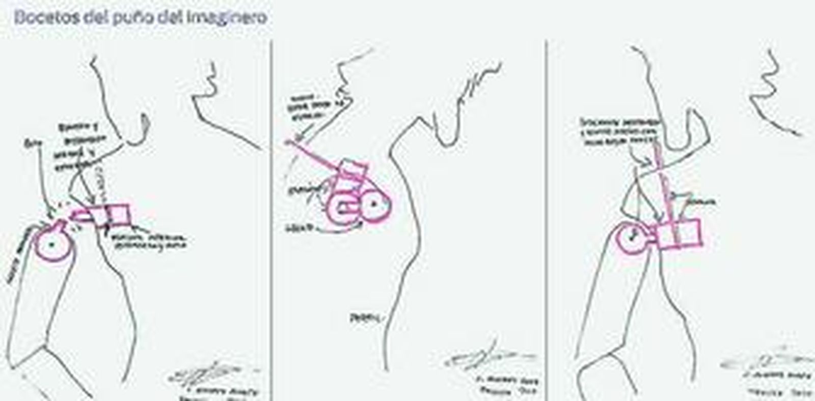 Bocetos realizados a mano por Luis Álvarez Duarte tras la última intervención al Gran Poder en los que se observa el sistema de articulaciones.