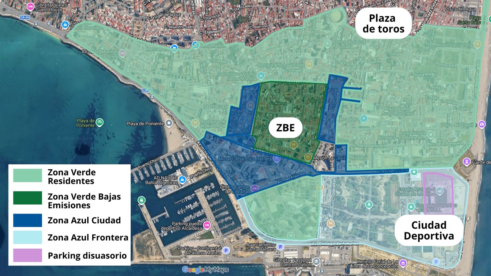El mapa de las zonas de aparcamiento en La Línea.