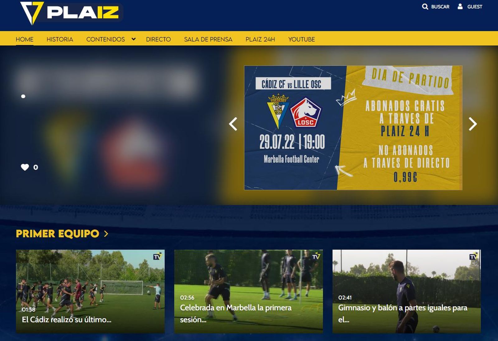 Así es como luce la página principal de la televisión online del Cádiz CF