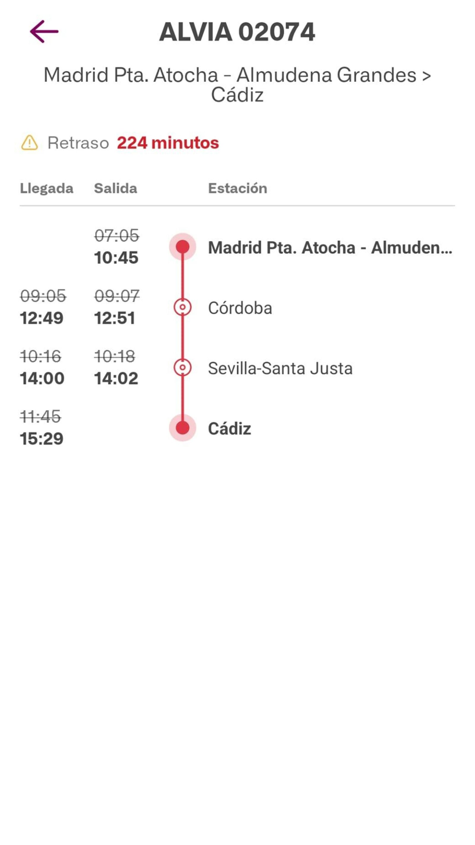 Retrasos de más de 200 minutos en el Alvia que circula de Madrid a Cádiz.