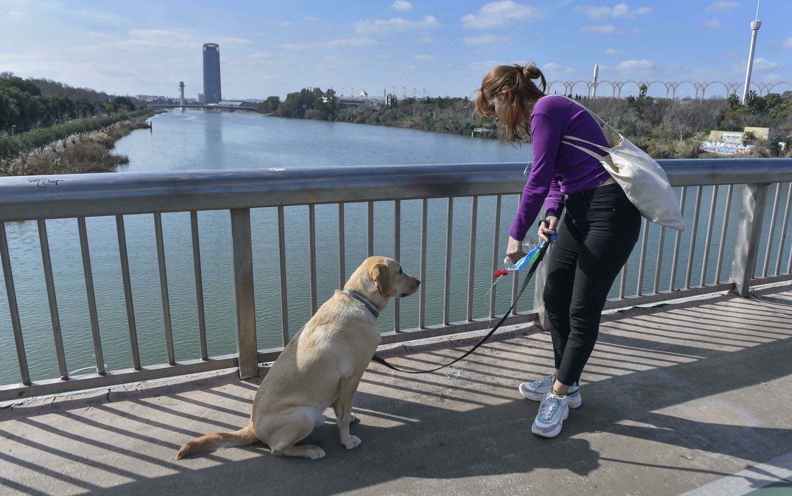 Una joven limpia los orines de su perro en el puente de la Barqueta.