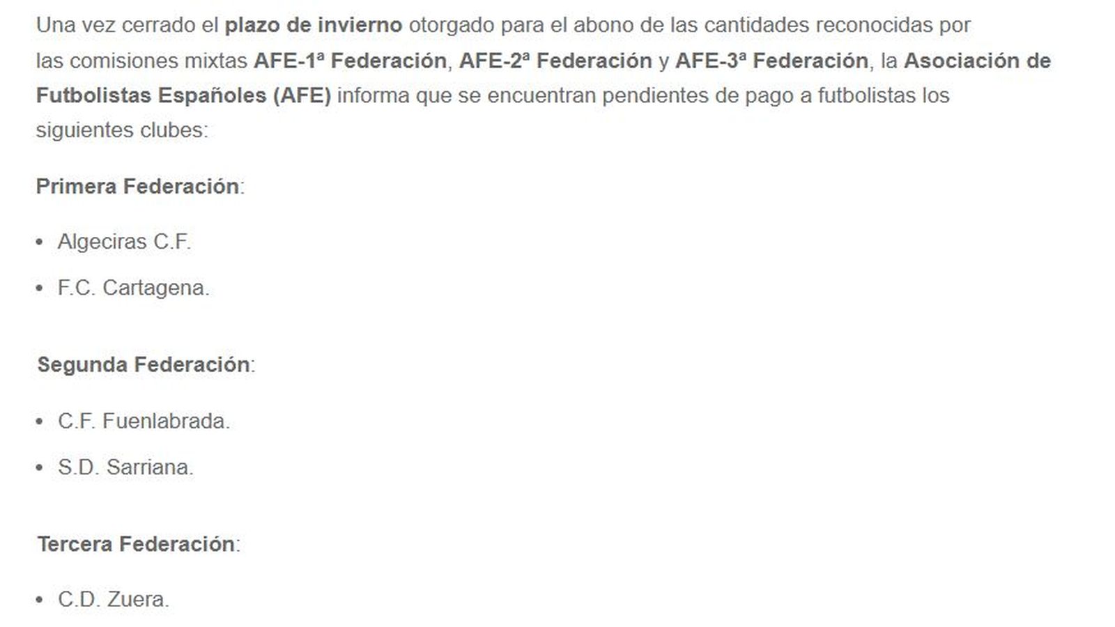 Parte del comuniado de la AFE.