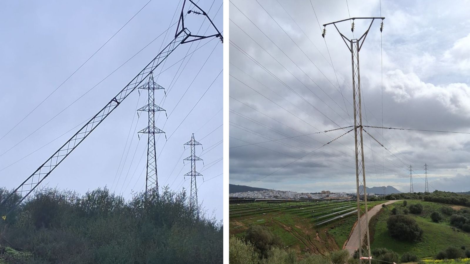Una torre doblada por el viento en San Roque y la misma torre arreglada este viernes.